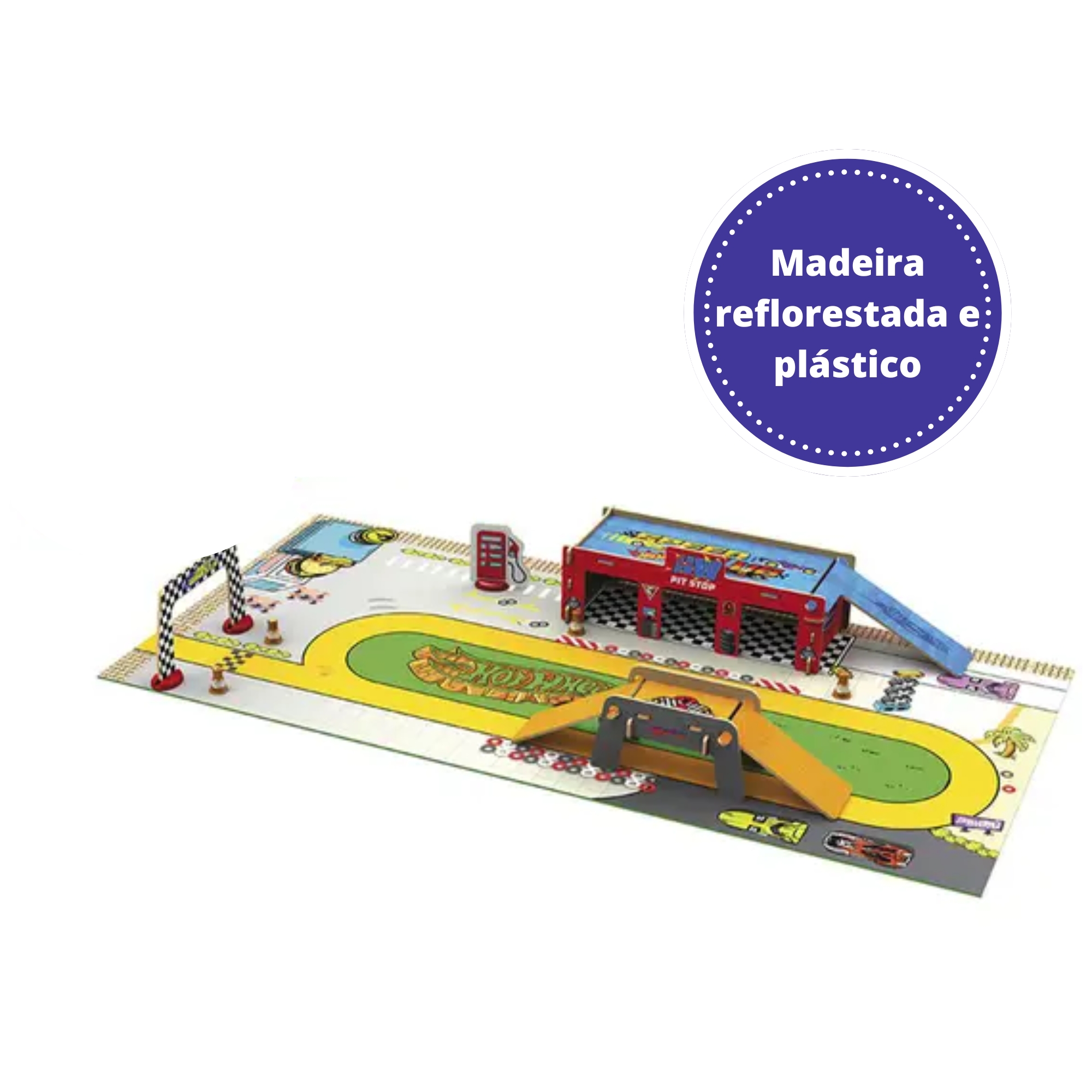 Jogo Playset Pista Shop Hot Wheels em Madeira Reflorestada 19 Peças Xalingo - 23265