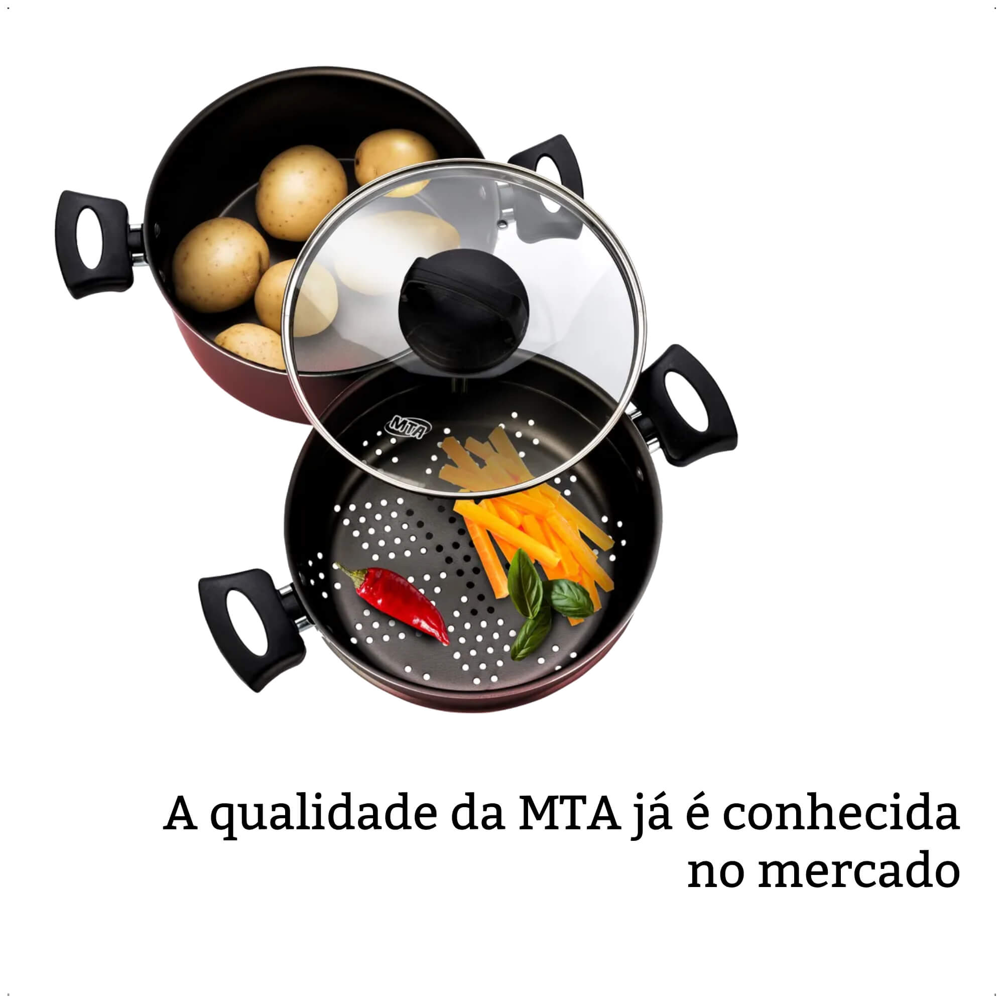 COMP Panela Antiaderente Cabo Antitérmico Cozivapor 3L Cereja 3 Em 1 Pegadores em Baquelite Alumínio MTA - 8962