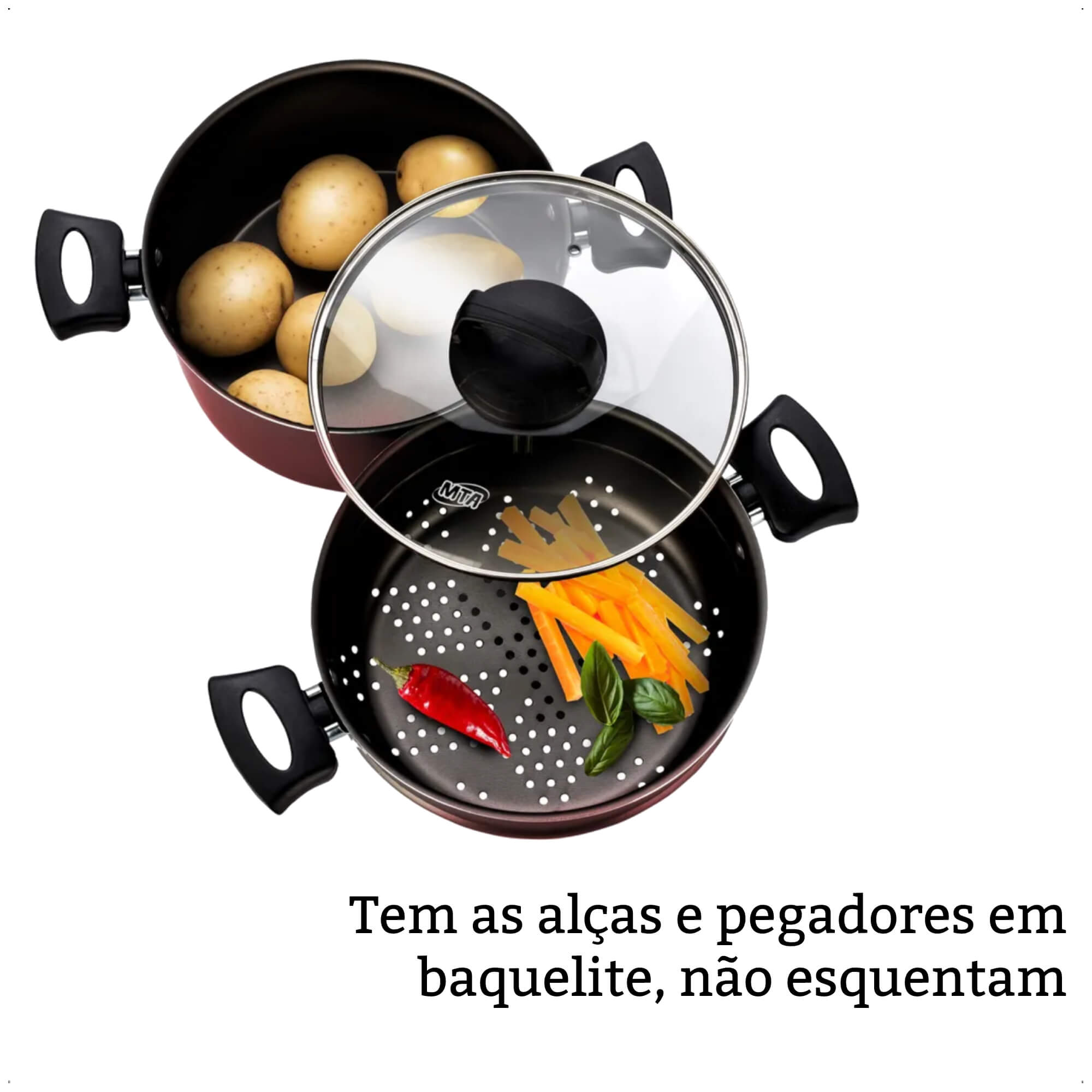COMP Conjunto de Panela para Cozimento a Vapor 3L Antiaderente 3 em 1 Alças e Pegadores Antitérmico MTA - 8215
