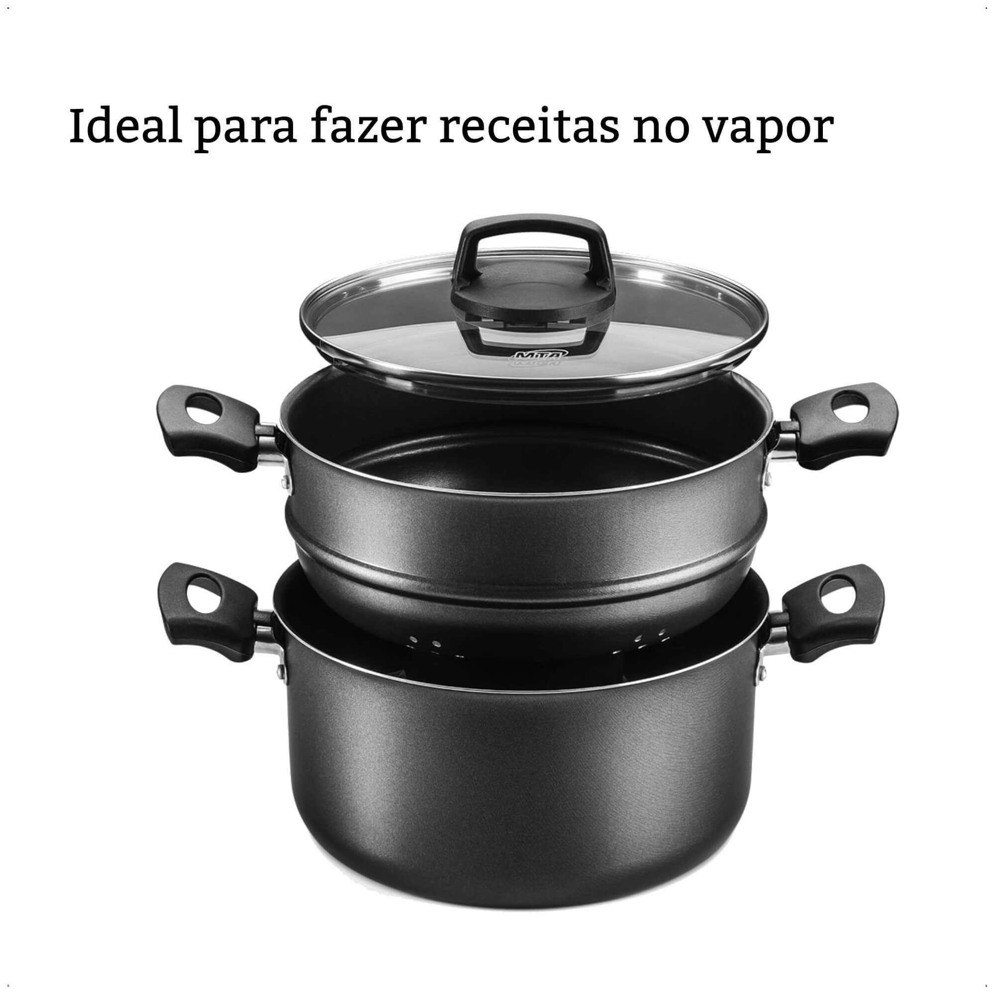 COMP Conjunto de Panela para Cozimento a Vapor 3L Antiaderente 3 em 1 Alças e Pegadores Antitérmico MTA - 8215