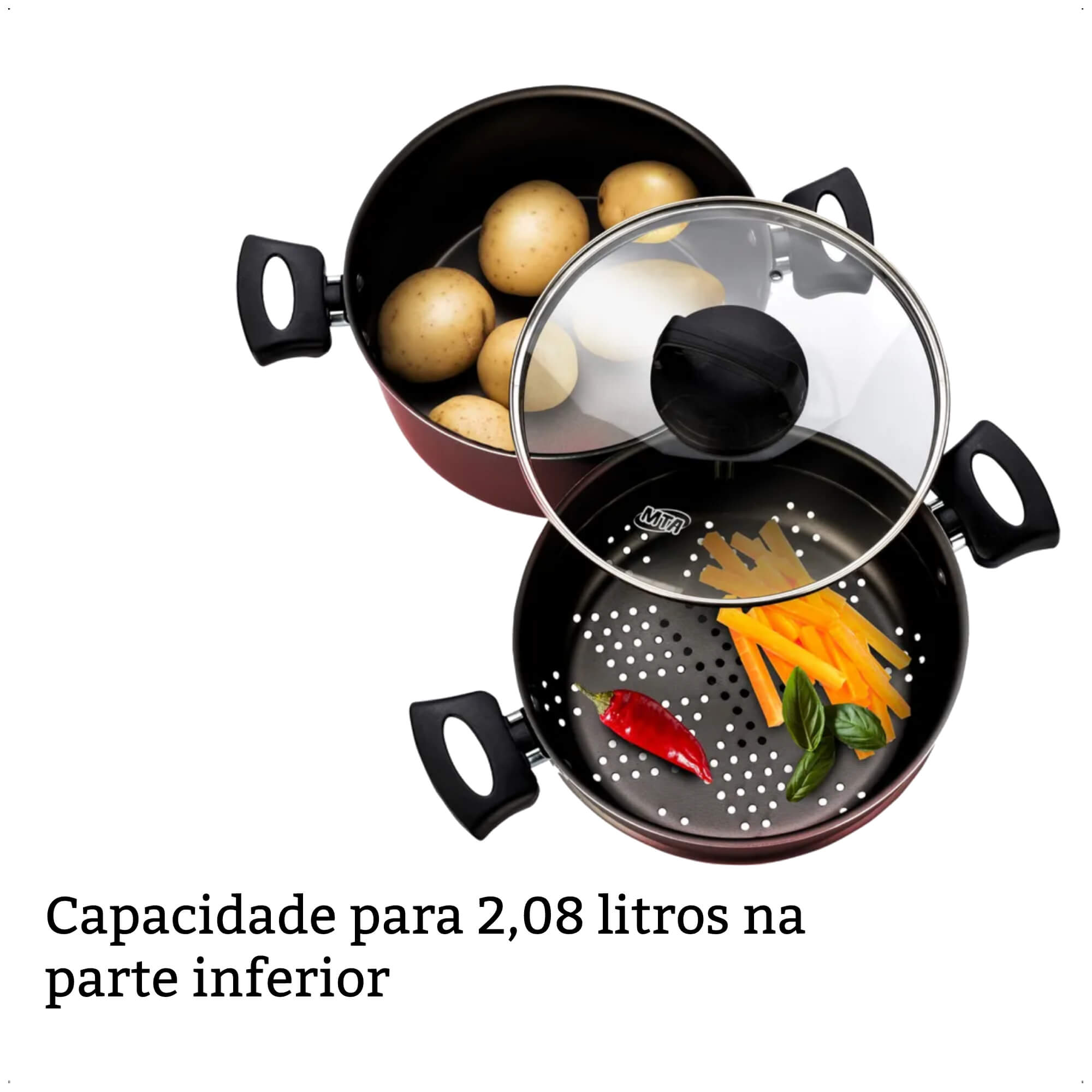 COMP Conjunto de Panela para Cozimento a Vapor 3L Antiaderente 3 em 1 Alças e Pegadores Antitérmico MTA - 8215
