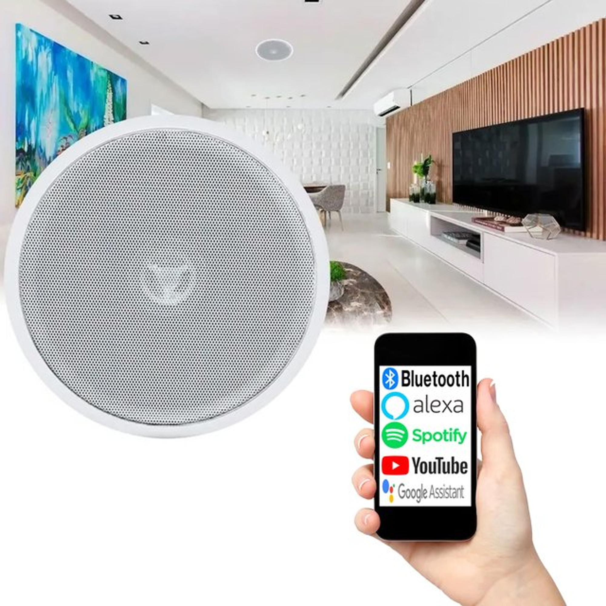 COMP Kit Arandela Ativa + 2 Passivas 210W 6 Polegadas Bivolt Bluetooth Redonda Branca Sistema de Som TSR - 2LSREDBR