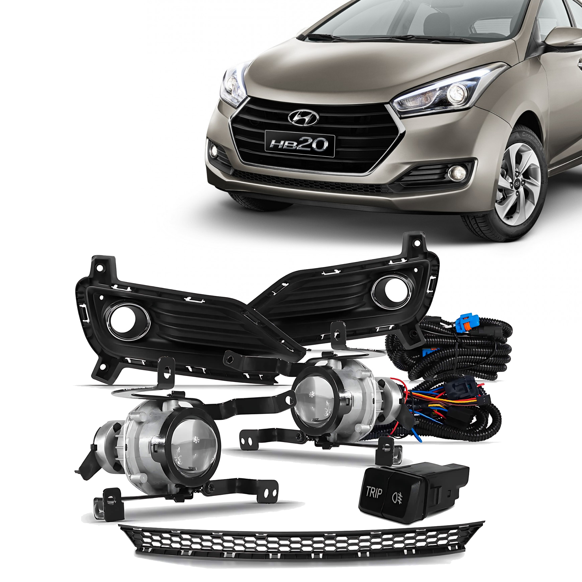 Kit Farol de Milha HB20 16/19 Moldura 3 Partes Botão Trip Suits ACOMPANHA GRADE - STS036HY