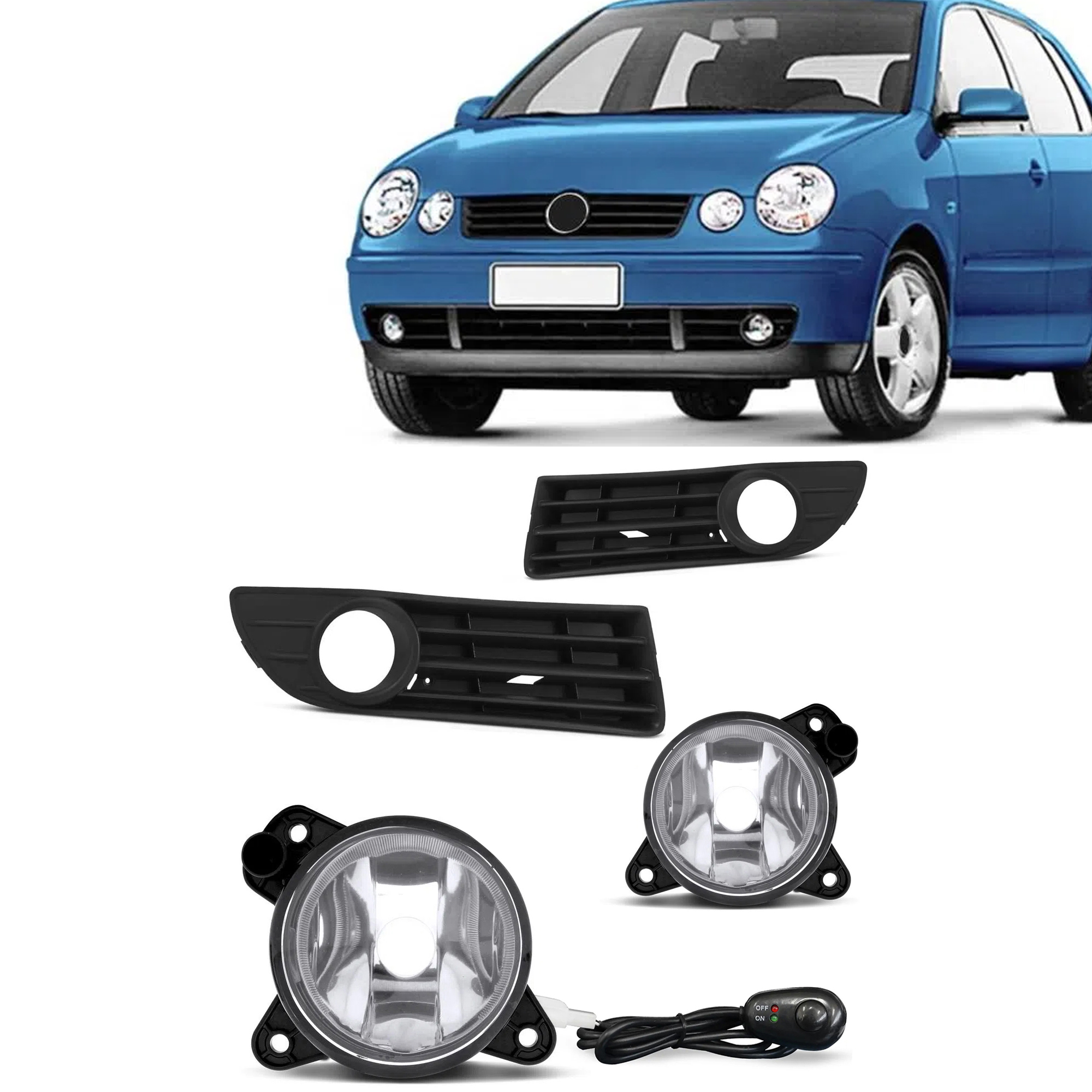 KIT Farol De Milha Polo 2007 até 2009 Moldura Preta Botão Alternativo Colante Suits STS037VW