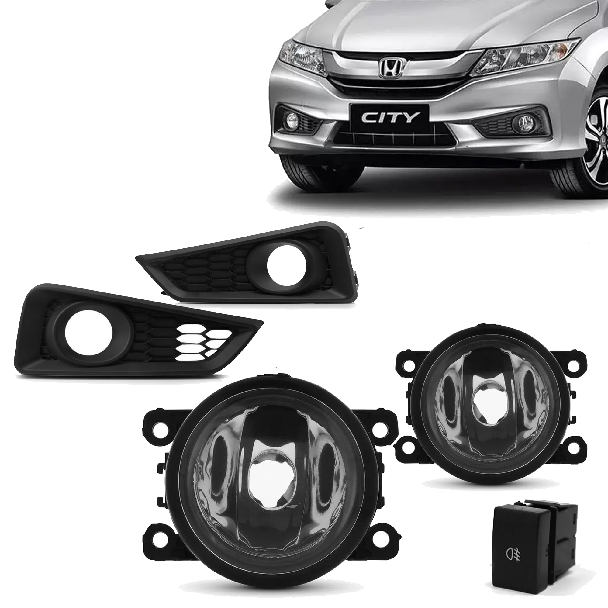 Kit Par de Milha Civic City 2014 Até 2015 Moldura Preta Botão Modelo Original Suits - STS221HD
