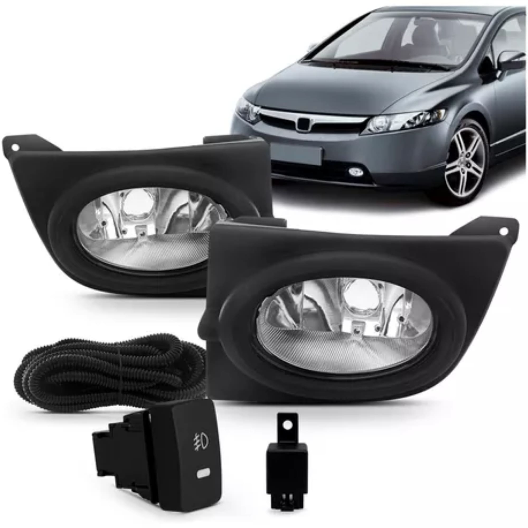 Kit Par Farol de Milha Civic 2006 até 2008 Moldura Preta Botão Modelo Original Suits - STS201HD