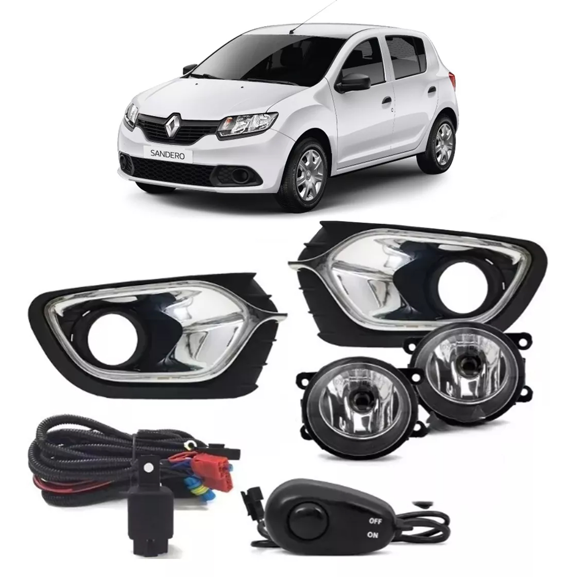 Kit Farol De Milha Sandero 2015/2017 Lente de Vidro Cromo e Botão Alternativo Suits-STS908RN-V