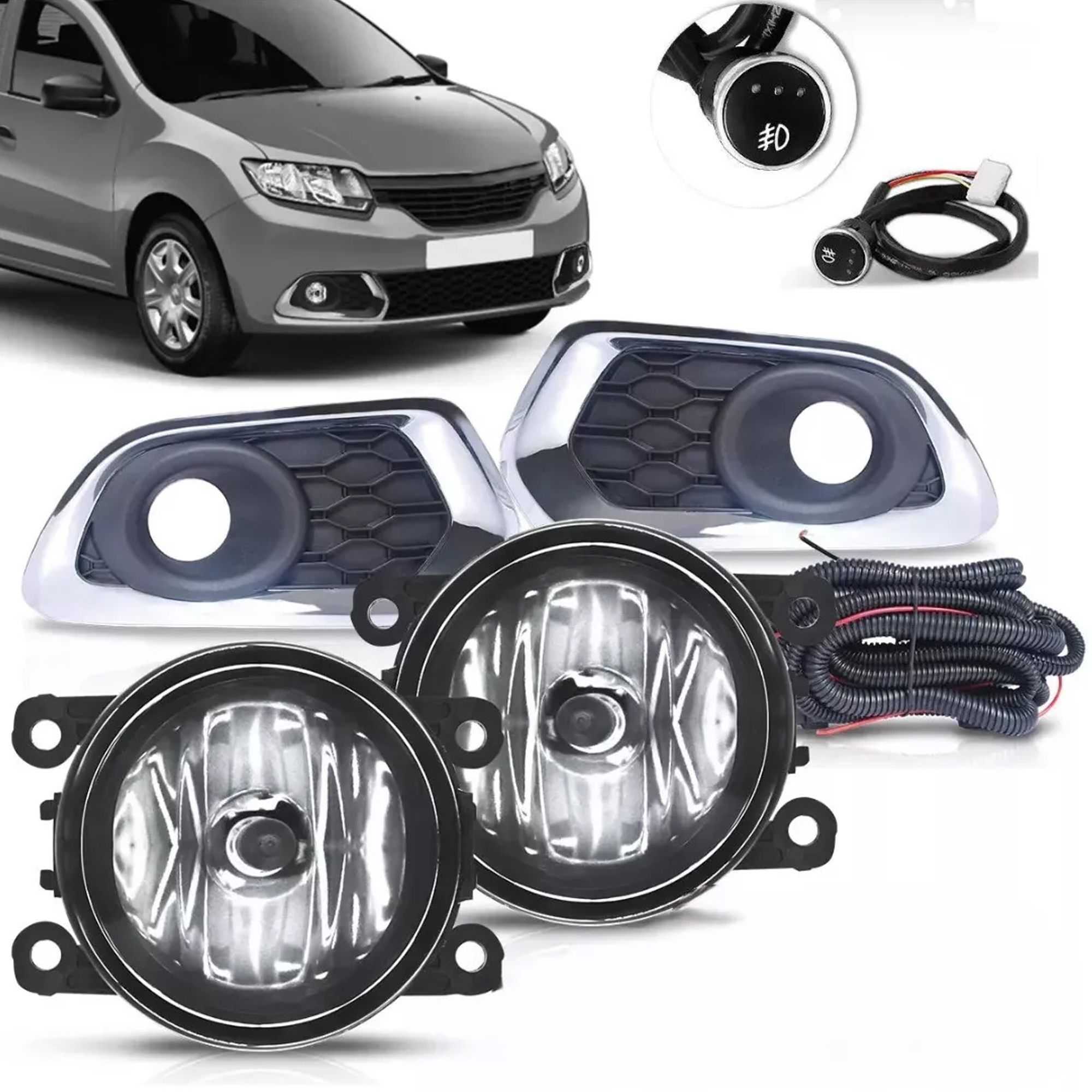 Kit Farol de Milha Logan Sandero 2019 a 2021 Moldura Cromo Botão Touch Original Suits - STS275RN-V