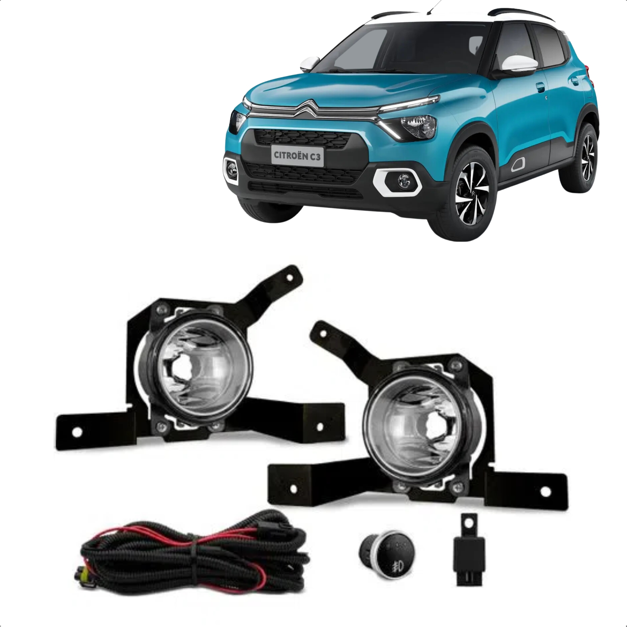 Kit Farol de Milha C3 2023 com Suporte Lente de Policabornato Botão Touch Suits - STS281