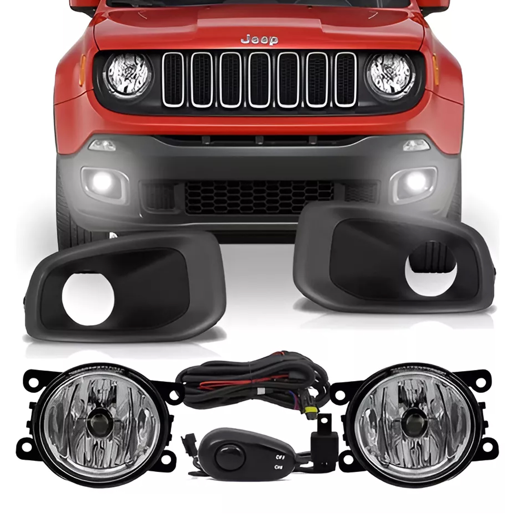 Kit Farol de Milha Renegade 2015 a 2017 Moldura Cinza Botão Alternativo Colante Suits - STS091JP