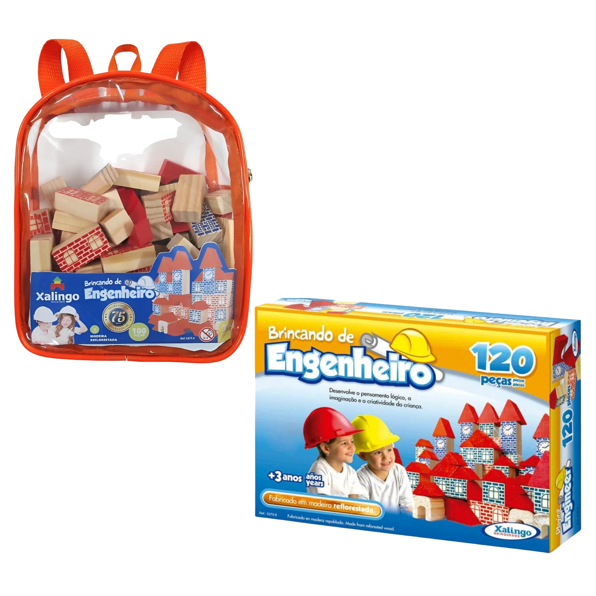COMP Kit Brinquedo De Engenheiro Minha Mochilinha Infantil 100 Peças + Bloco de Montar Engenheiro 120 Peças