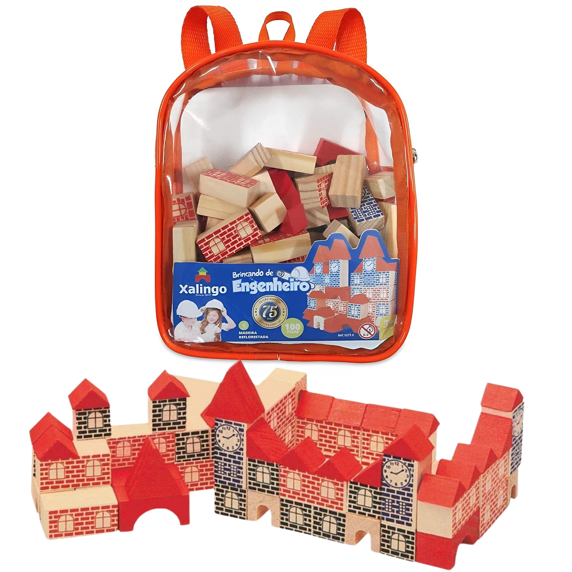 COMP Kit Brinquedo De Engenheiro Minha Mochilinha Infantil 100 Peças + Bloco de Montar Engenheiro 120 Peças