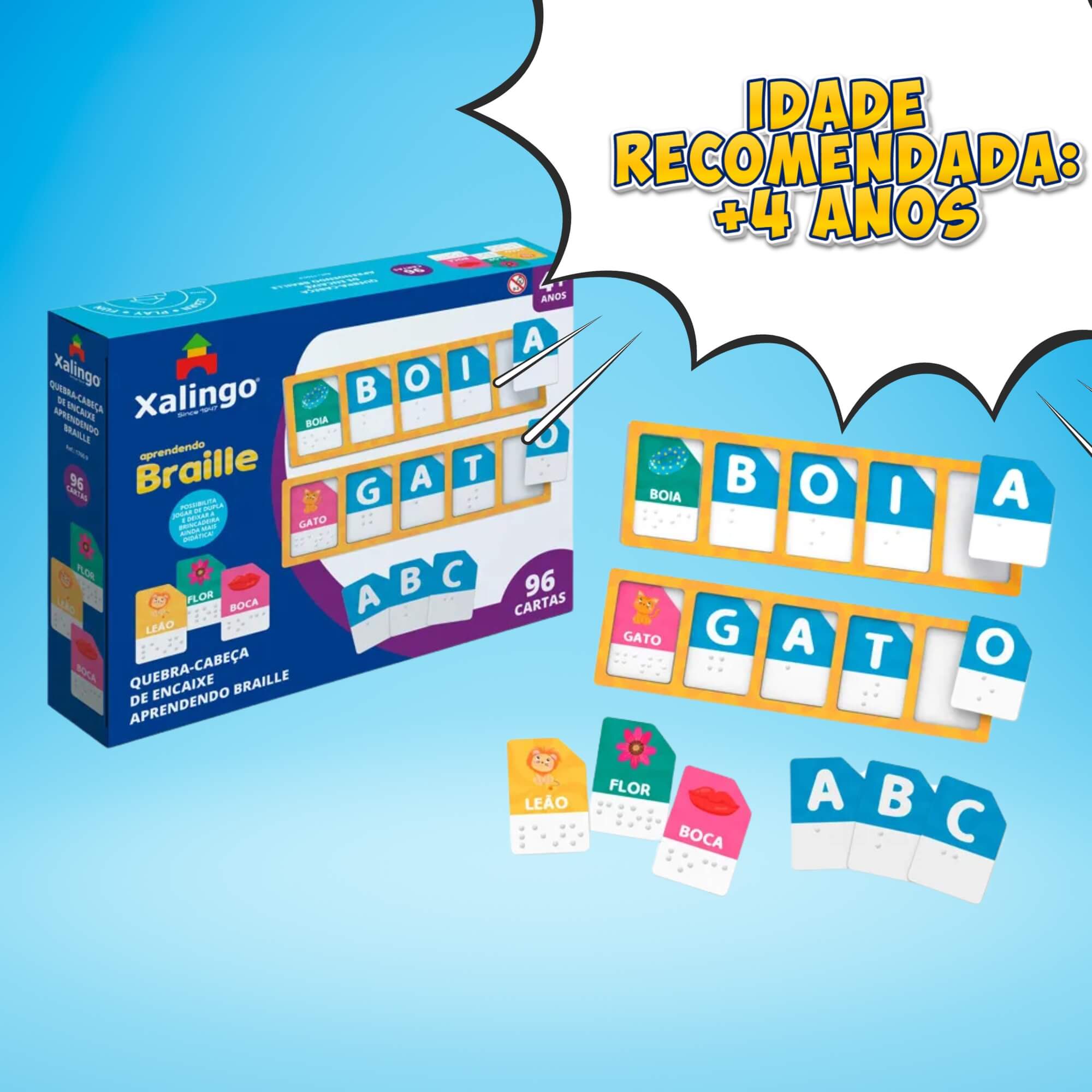 Jogo Infantil Quebra-Cabeça de Encaixe Aprendendo Braille 96 Cartas Xalingo - 17609