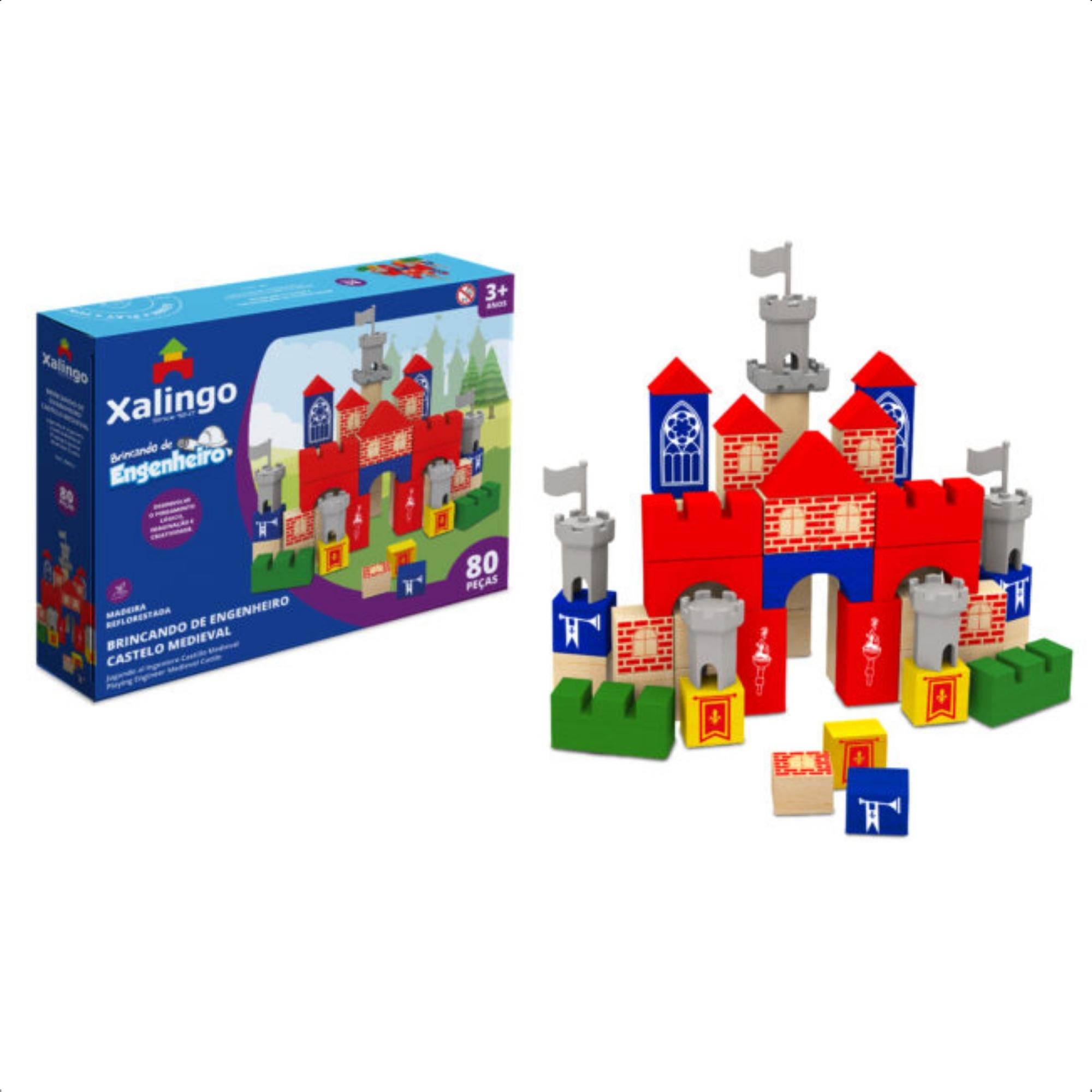 Brinquedo de Montar Brincando de Engenheiro Castelo 80 Pçs Madeira Reflorestada 54621 Xalingo