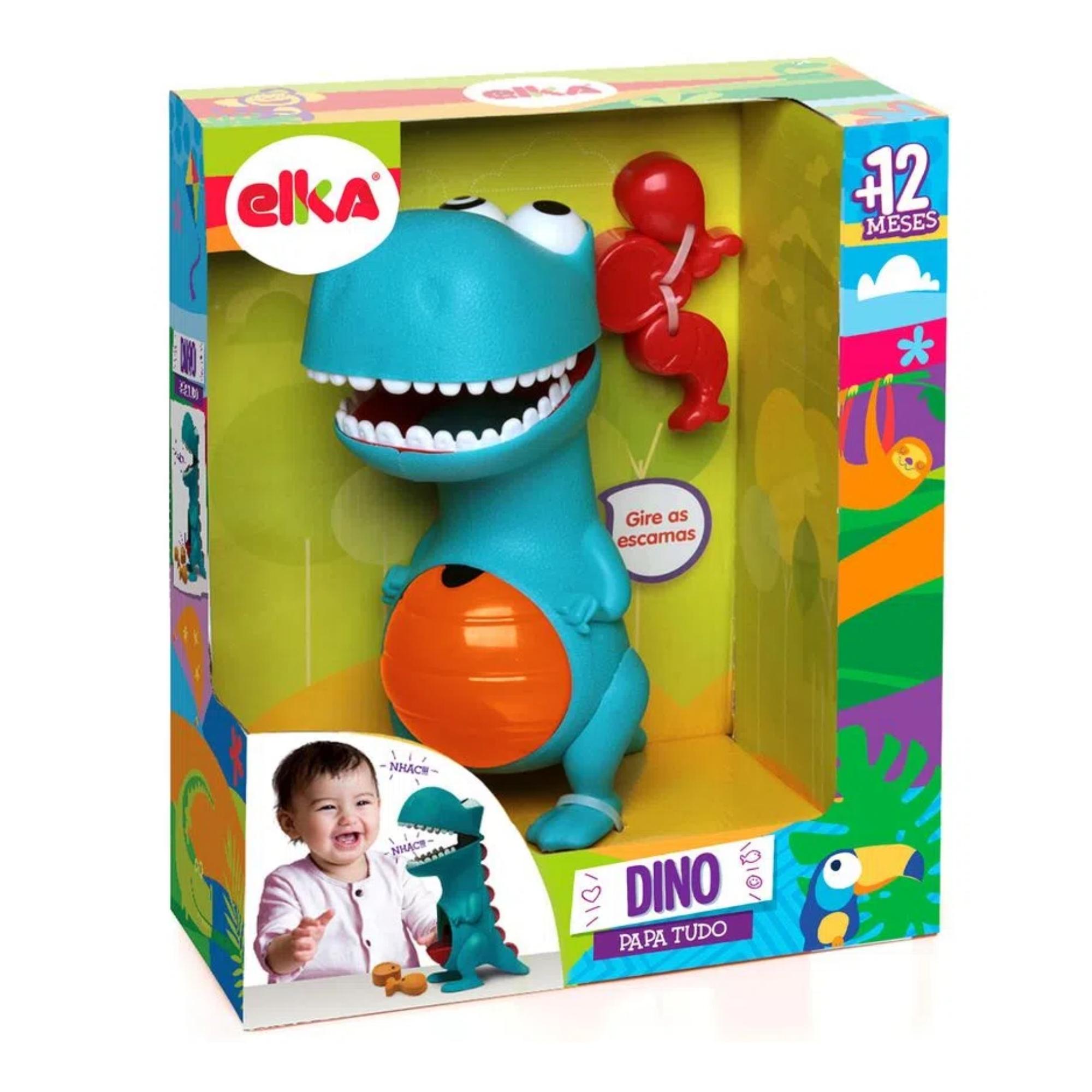 Brinquedo Infantil Boneco Dino Papa 23cm + Acessórios, Boca Abre e fecha + Comidinhas Elka - 972