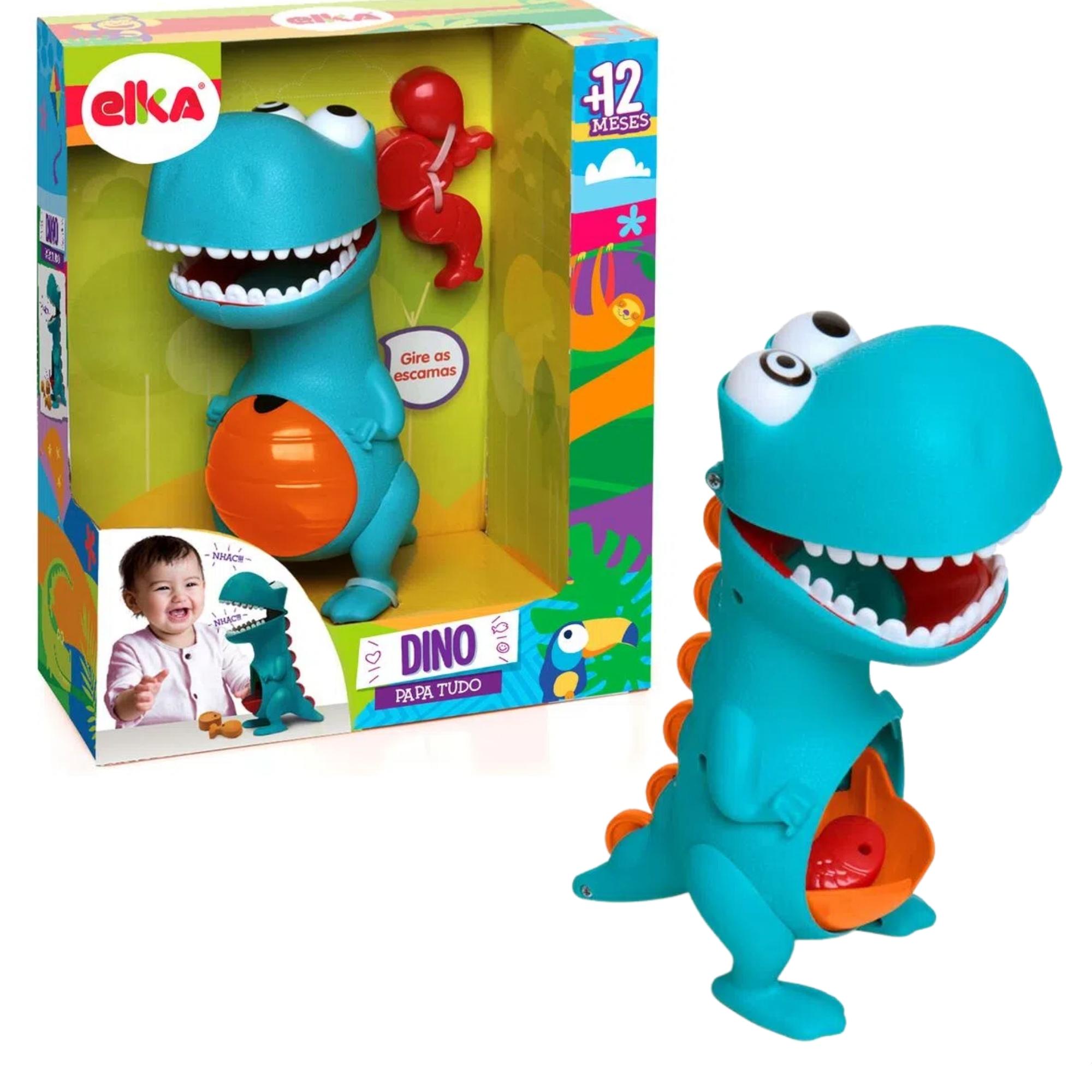 Brinquedo Infantil Boneco Dino Papa 23cm + Acessórios, Boca Abre e fecha + Comidinhas Elka - 972