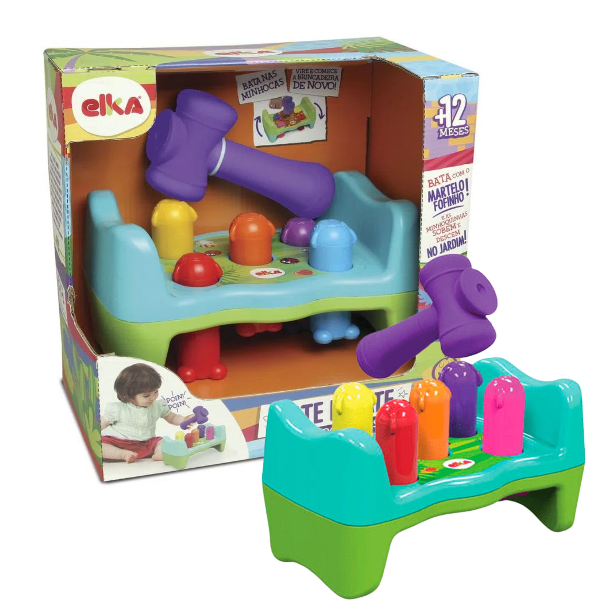 Brinquedo Infantil Martelinho Bate Rebate Minhoquinhas Plástico Desenvolve o Raciocínio Elka 1172