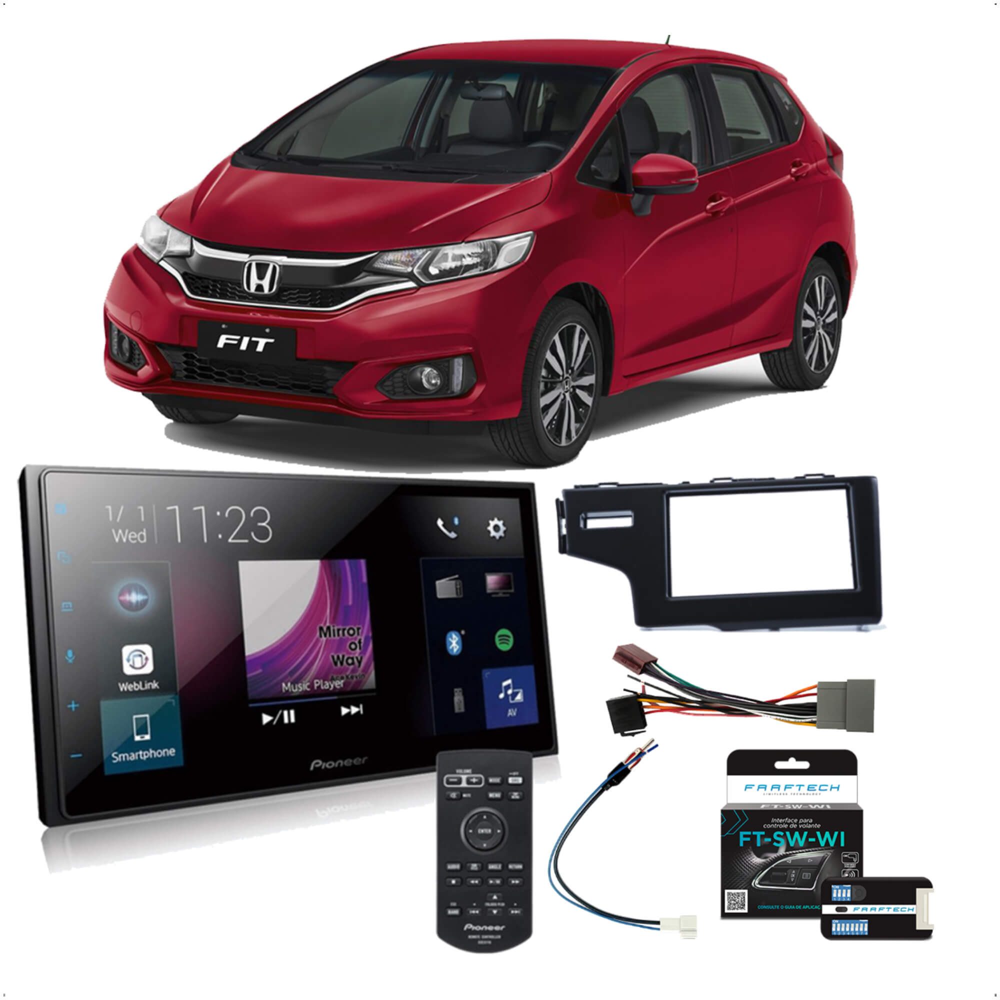 COMP Kit Central Multimídia 2 Din Honda Fit 2014 a 2017 Pioneer DMH-Z5380TV 6.8 pol + Moldura + Interface + Chicotes