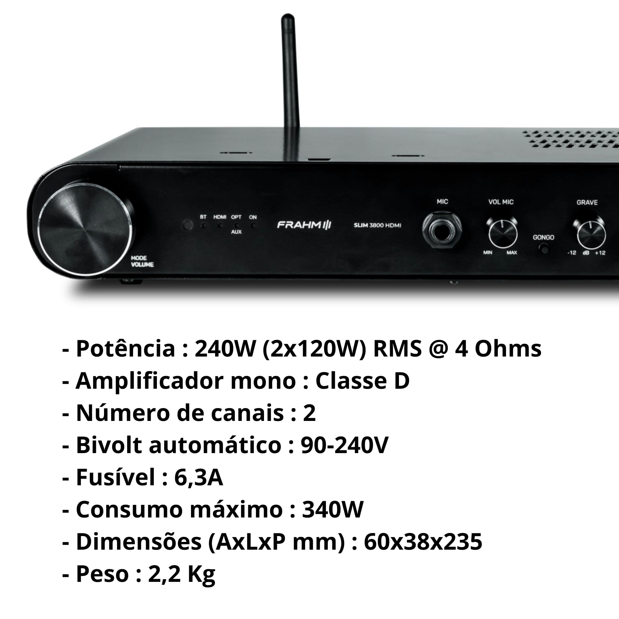 Amplificador de Som Profissional Slim 3800 HDMI APP Bivolt Bluetooth USB Microfone Frahm - 32168