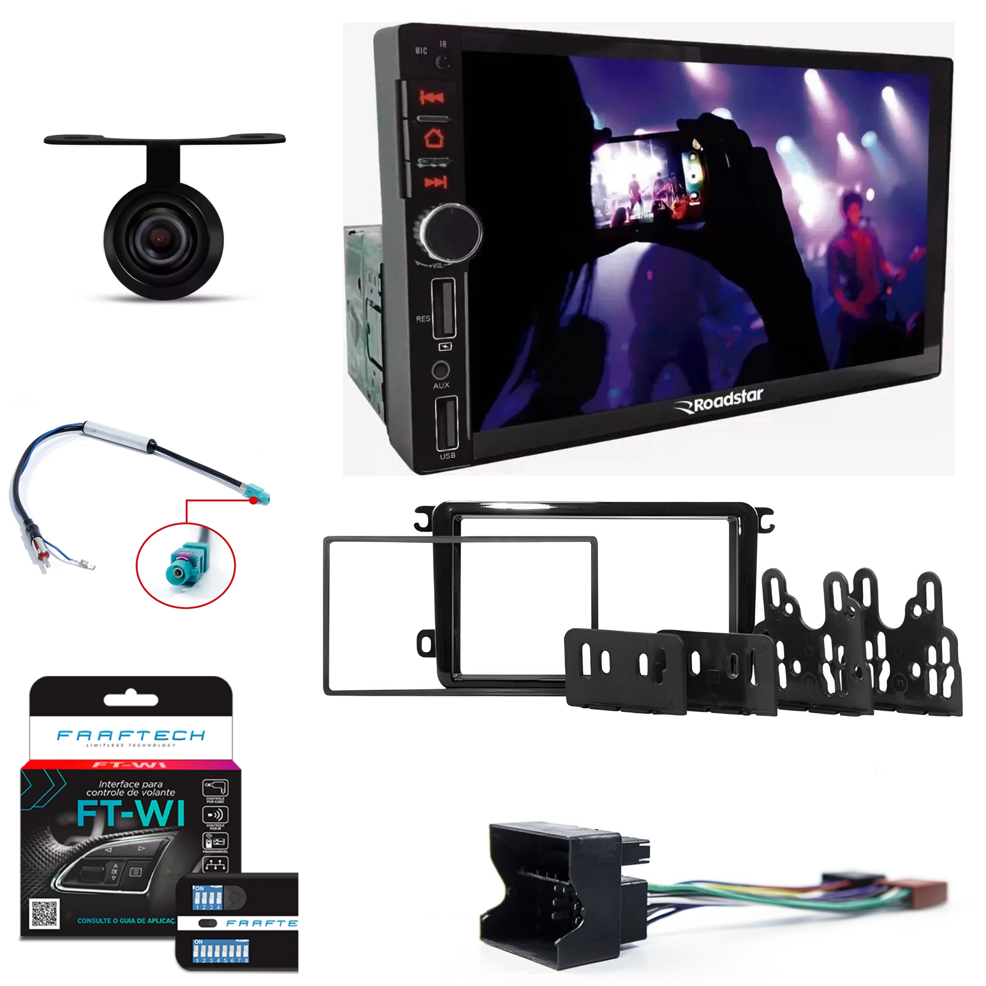 COMP Kit Multimidia RS401BR MI + Camera + Moldura Voyage, Saveiro, Fusca, Amarok, Jetta, Passat + Chicotes e interface