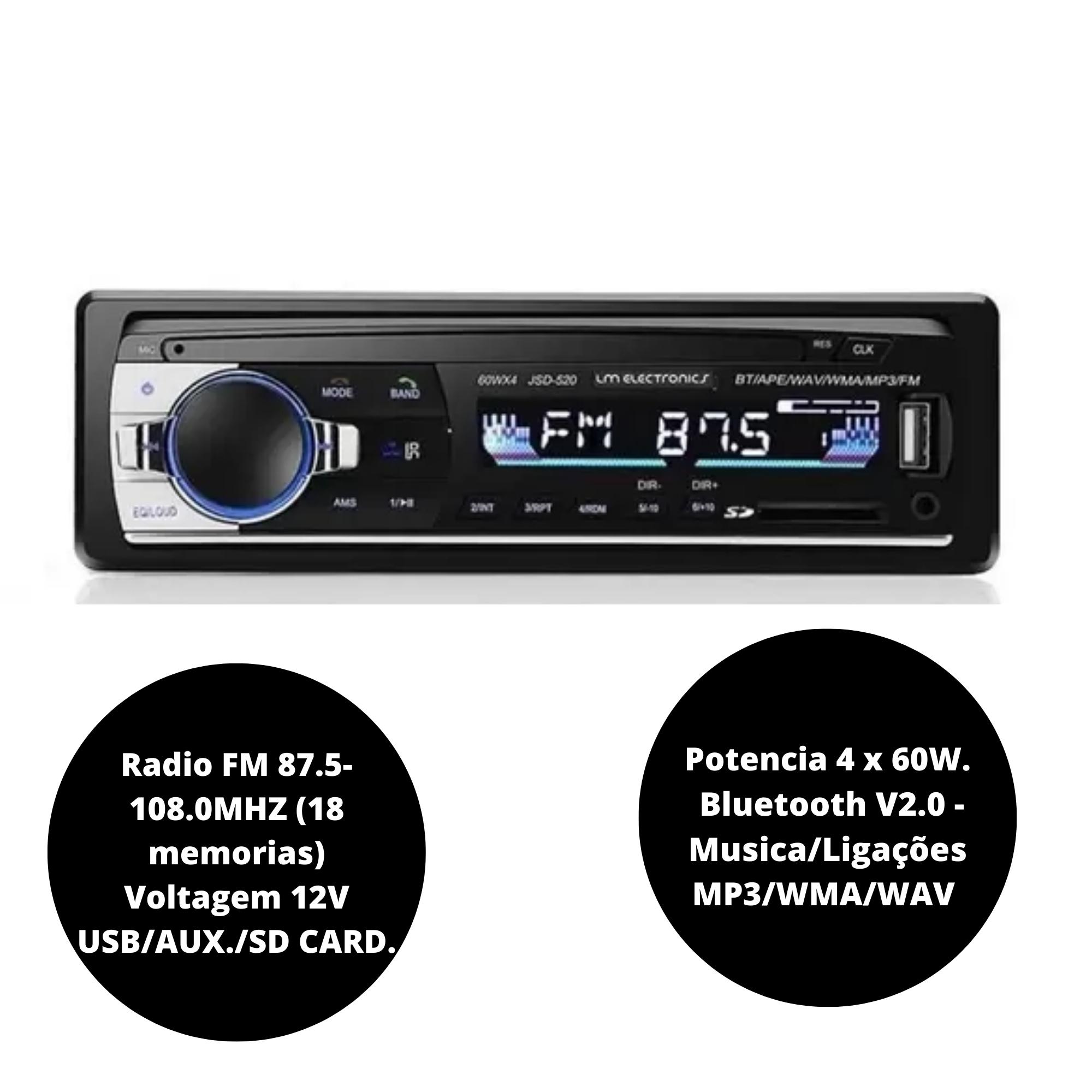 Auto RádioUSB,SD,AUX, Bluetooth Com Controle Remoto 4X60W H-Tech - HT-1400