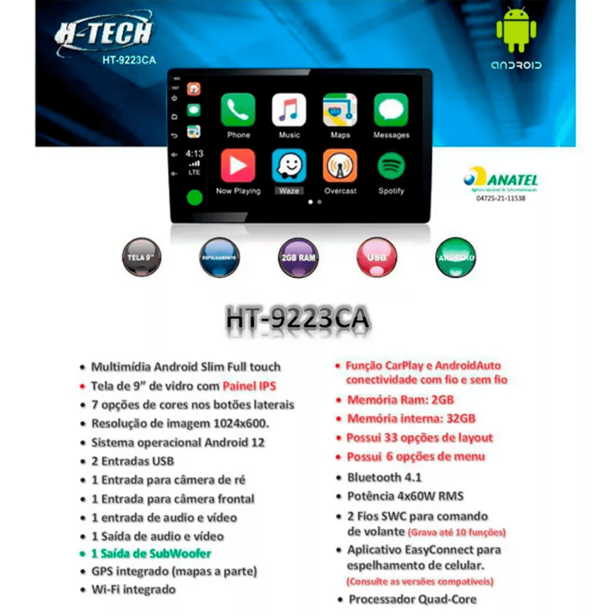 Multimidia Android Slim Full TOUC 9 Polegadas Painel IPS Celular 32GB/2GB  H-TECH - HT-9223CA