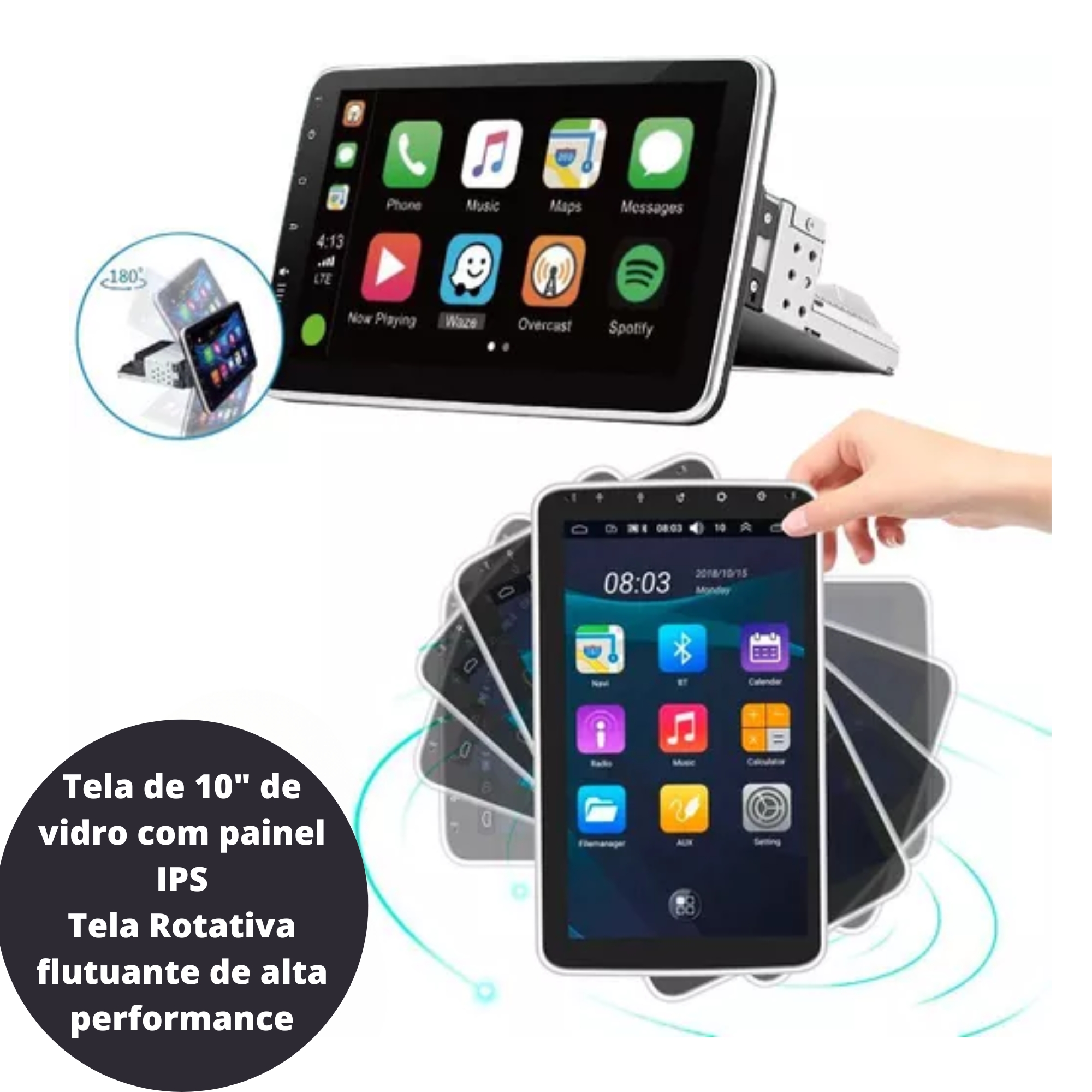 Multimidia Tela 10 Tela Rotativa 1 DIN Flutuante Android 12 H-Tech - HT-9300CA