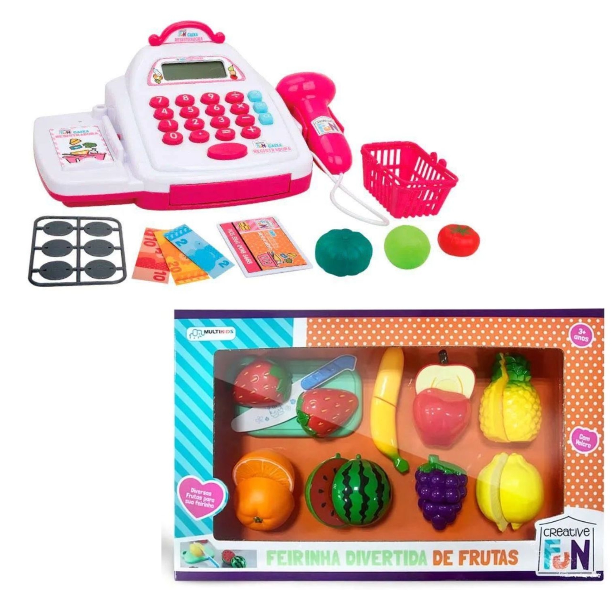 Kit Brinquedo Creative Fun Caixa Registradora Mini Shopping Rosa e Creative Fun Mini Feirinha Divertida -Multikids