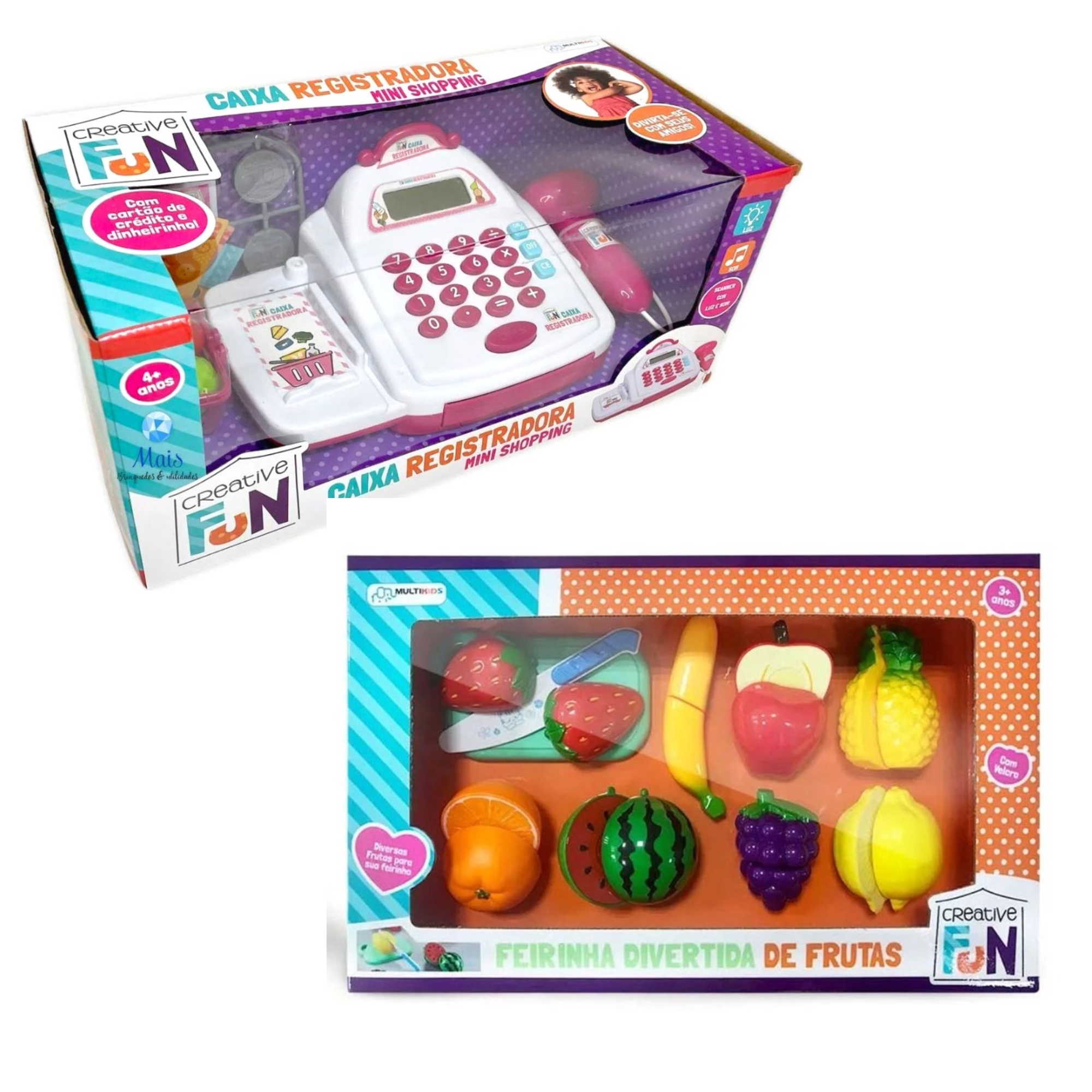 Kit Brinquedo Creative Fun Caixa Registradora Mini Shopping Rosa e Creative Fun Mini Feirinha Divertida -Multikids