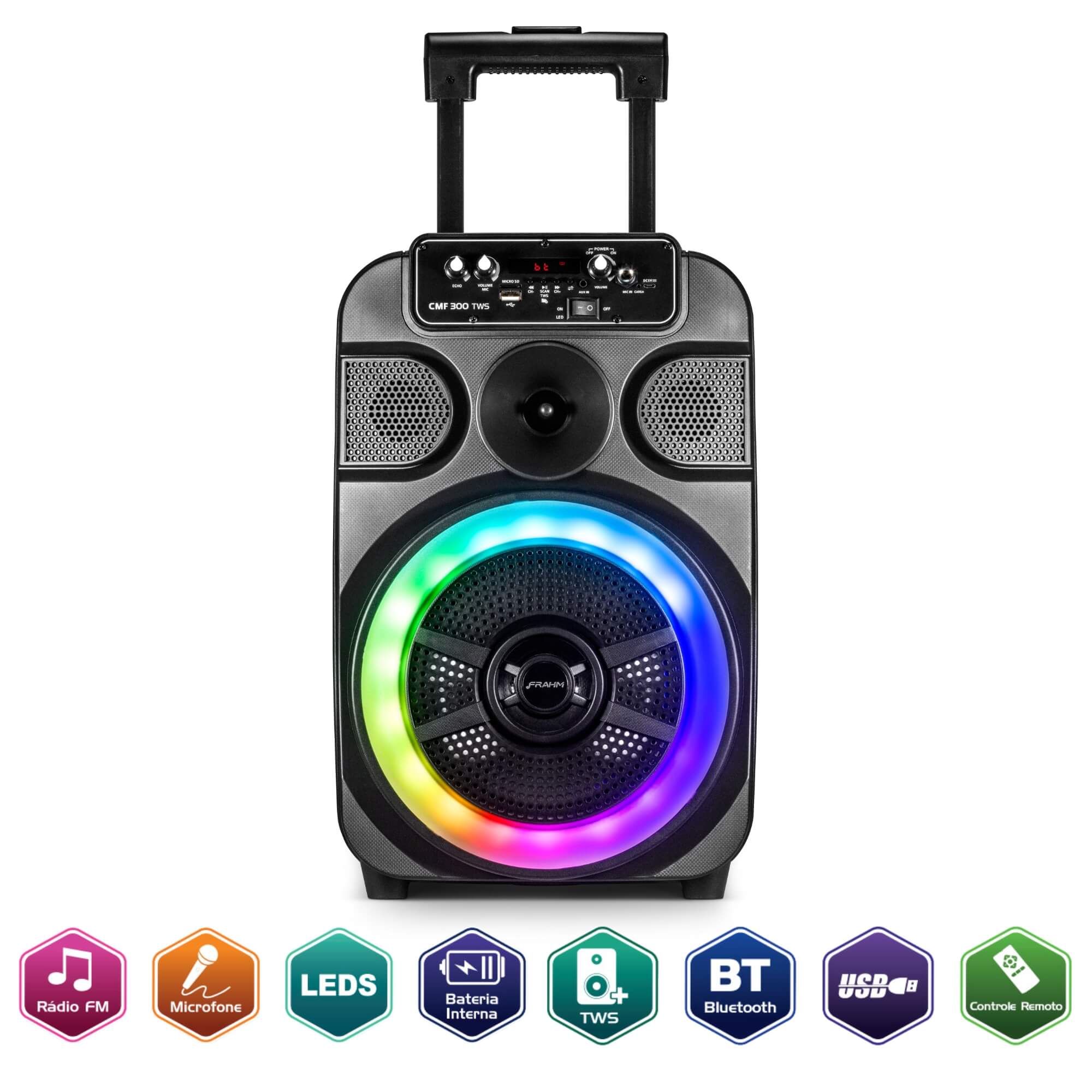 Caixa de Som Ativa Multiuso 300W RMS Bluetooth Show de luzes até 8h FM Frahm - CMF 300 TWS