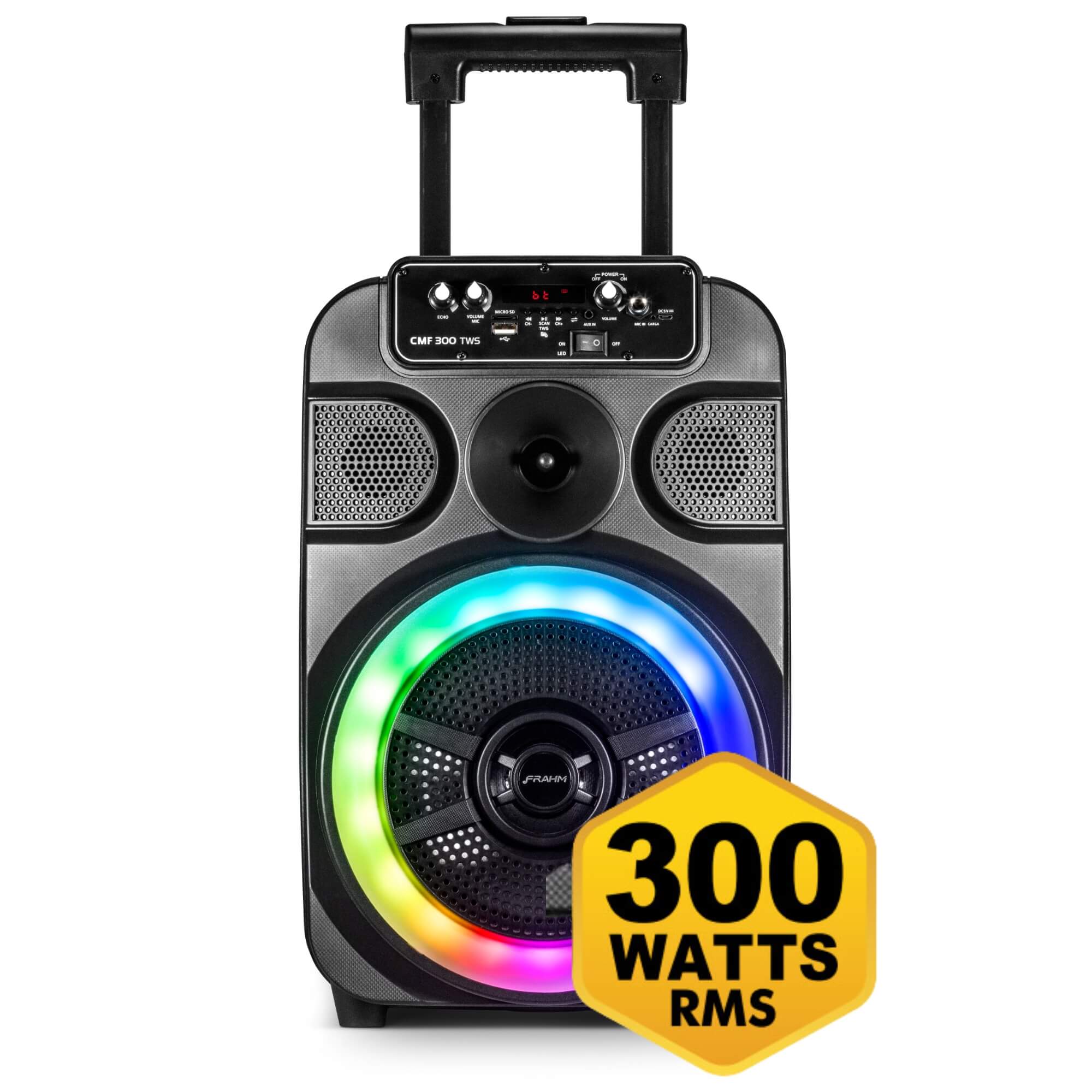 Caixa de Som Ativa Multiuso 300W RMS Bluetooth Show de luzes até 8h FM Frahm - CMF 300 TWS