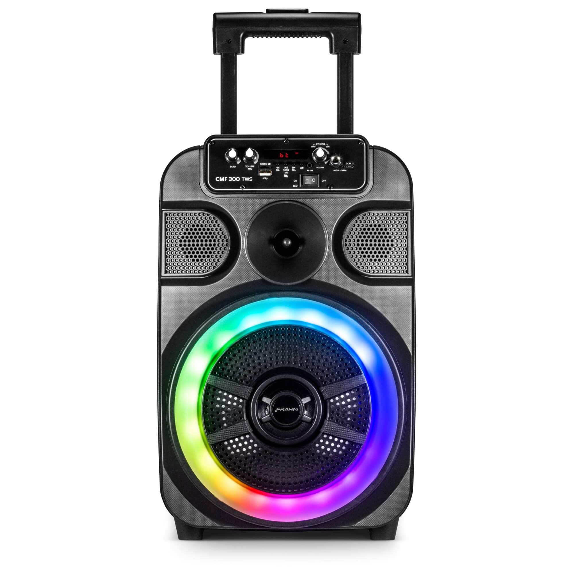 Caixa de Som Ativa Multiuso 300W RMS Bluetooth Show de luzes até 8h FM Frahm - CMF 300 TWS
