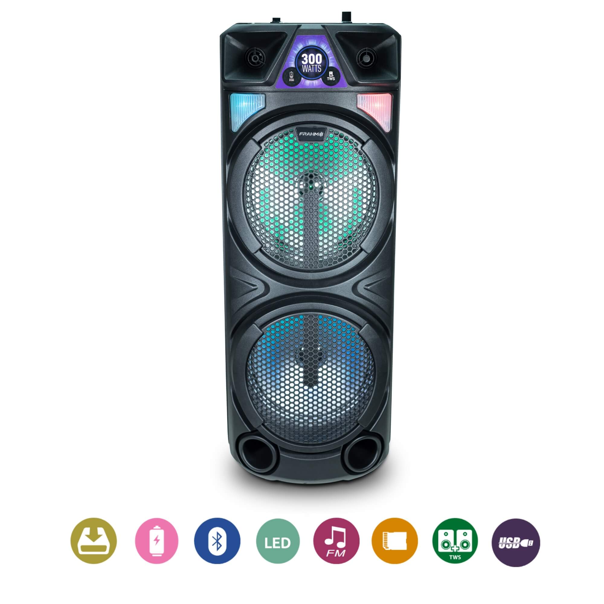 Caixa de Som Ativa 300W RMS Bluetooth Show de Luzes +7 Horas de Autonomia TF300 TWS Frahm - 32267