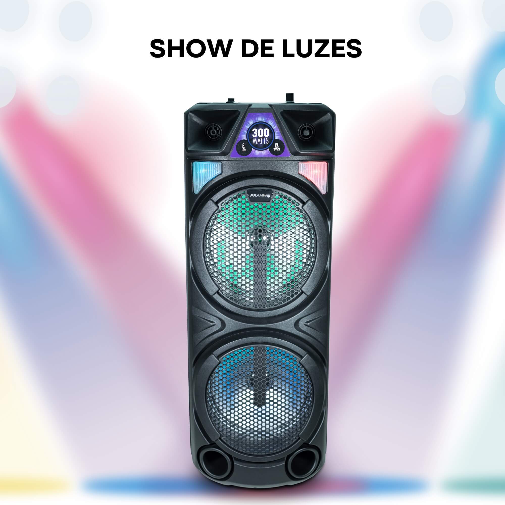 Caixa de Som Ativa 300W RMS Bluetooth Show de Luzes +7 Horas de Autonomia TF300 TWS Frahm - 32267