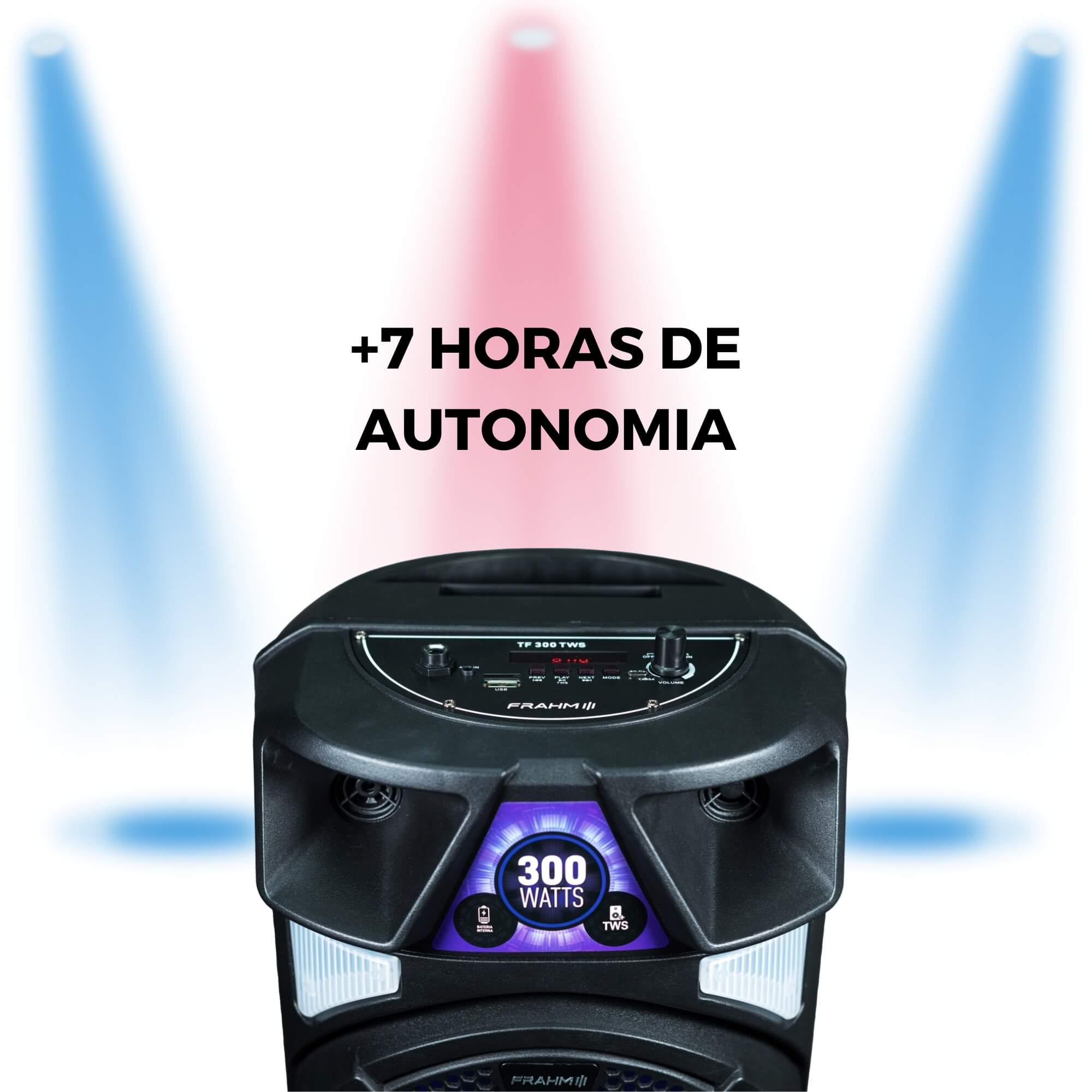 Caixa de Som Ativa 300W RMS Bluetooth Show de Luzes +7 Horas de Autonomia TF300 TWS Frahm - 32267