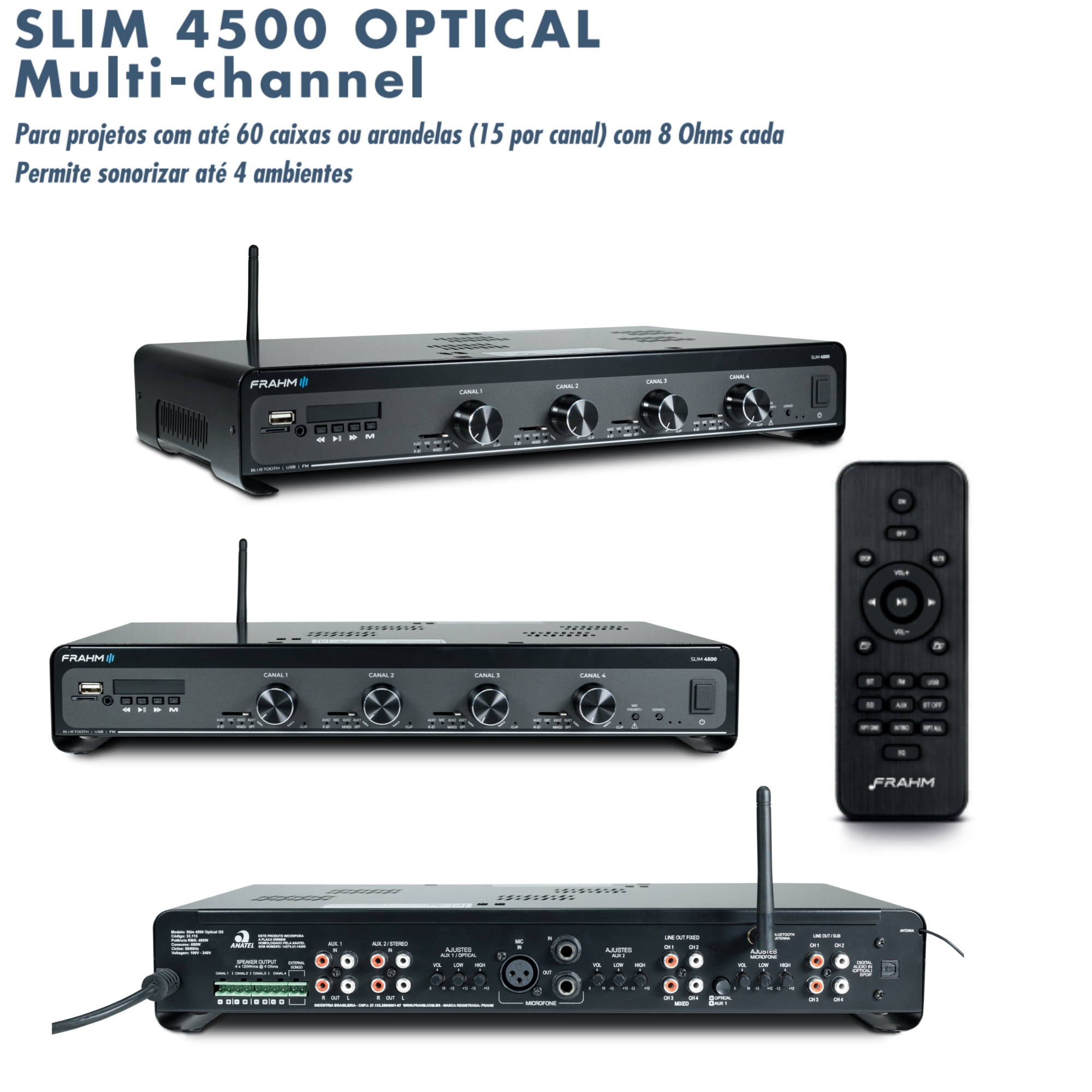 Amplificador Receiver Som Slim 4500 Optical G5 4 Canais 120W Bluetooth RCA USB P2 Frahm - 32115