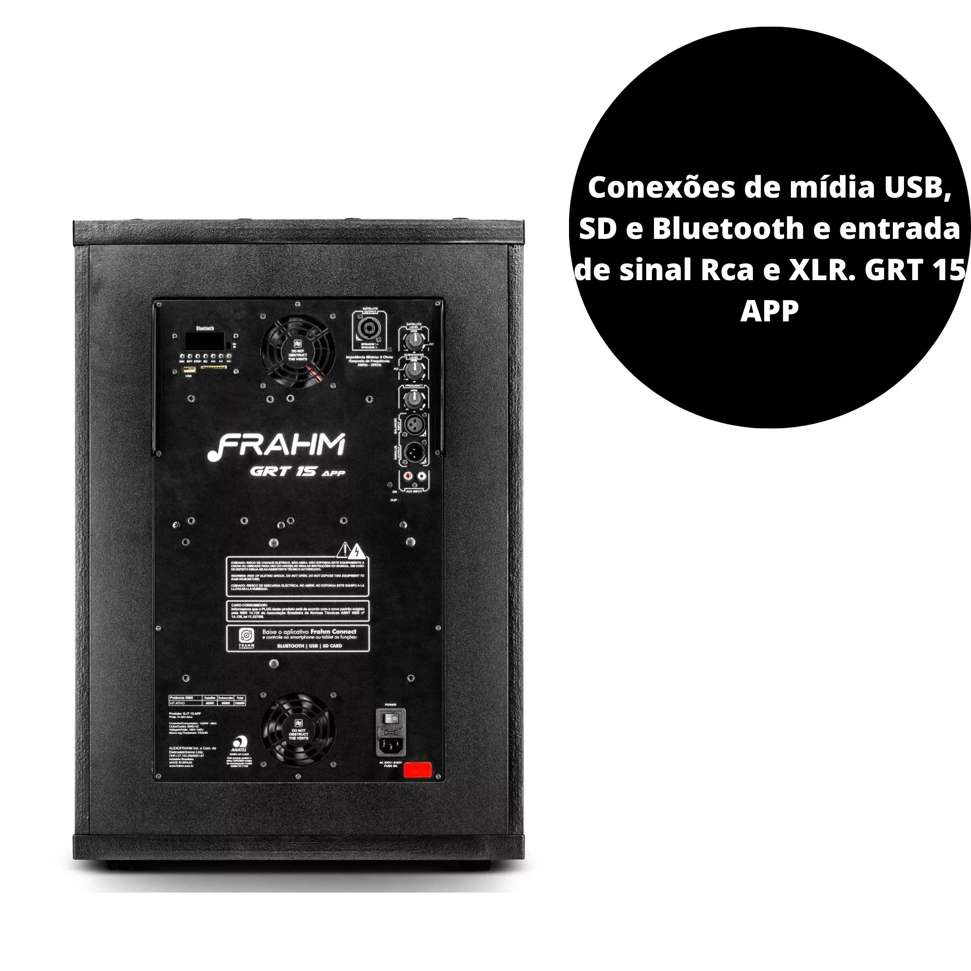 Sistema Caixa de Som 1000W RMS Torre PA Ativo Biampl. Sat/Sub. Bluetooth USB RCA Frahm GRT 15 APP 31624