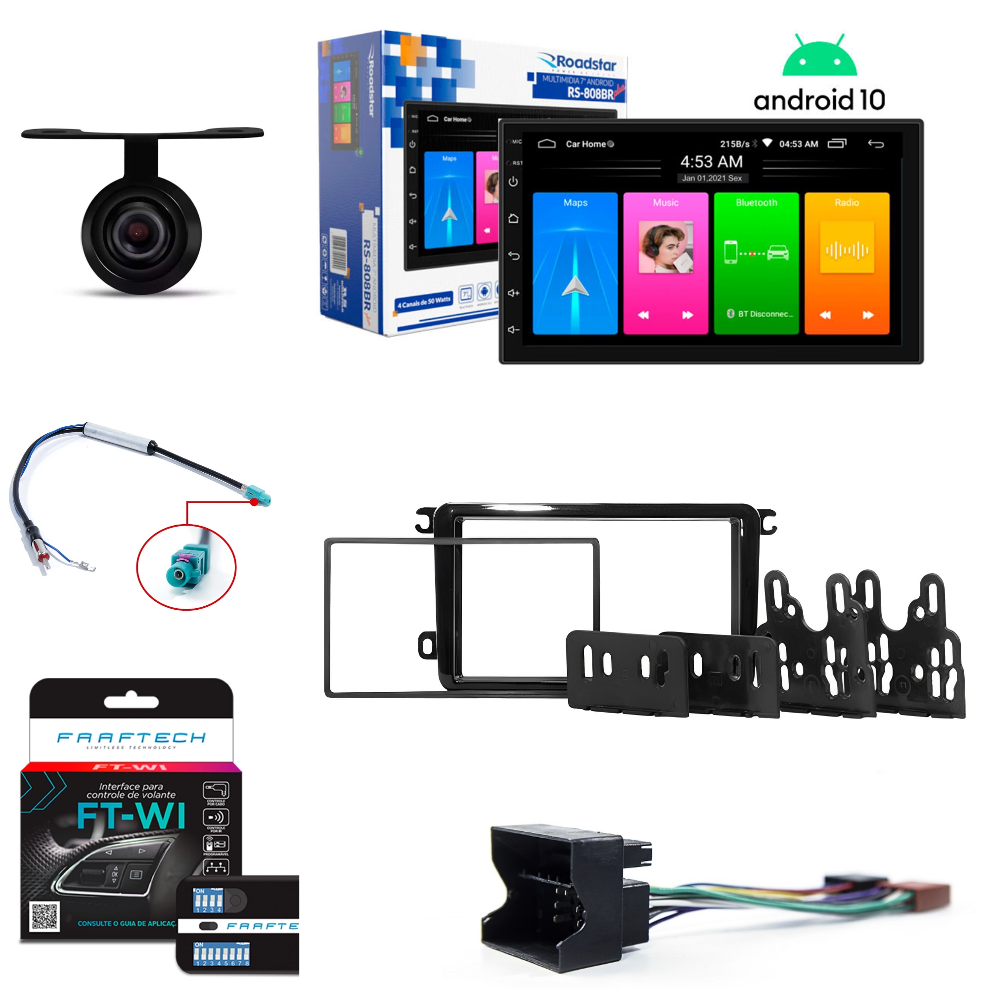 COMP KIT Automotivo Central Multimidia ,Câmera de Ré Borboleta 12V 420 Linhas, Moldura 2 Din Black Chicote ligação