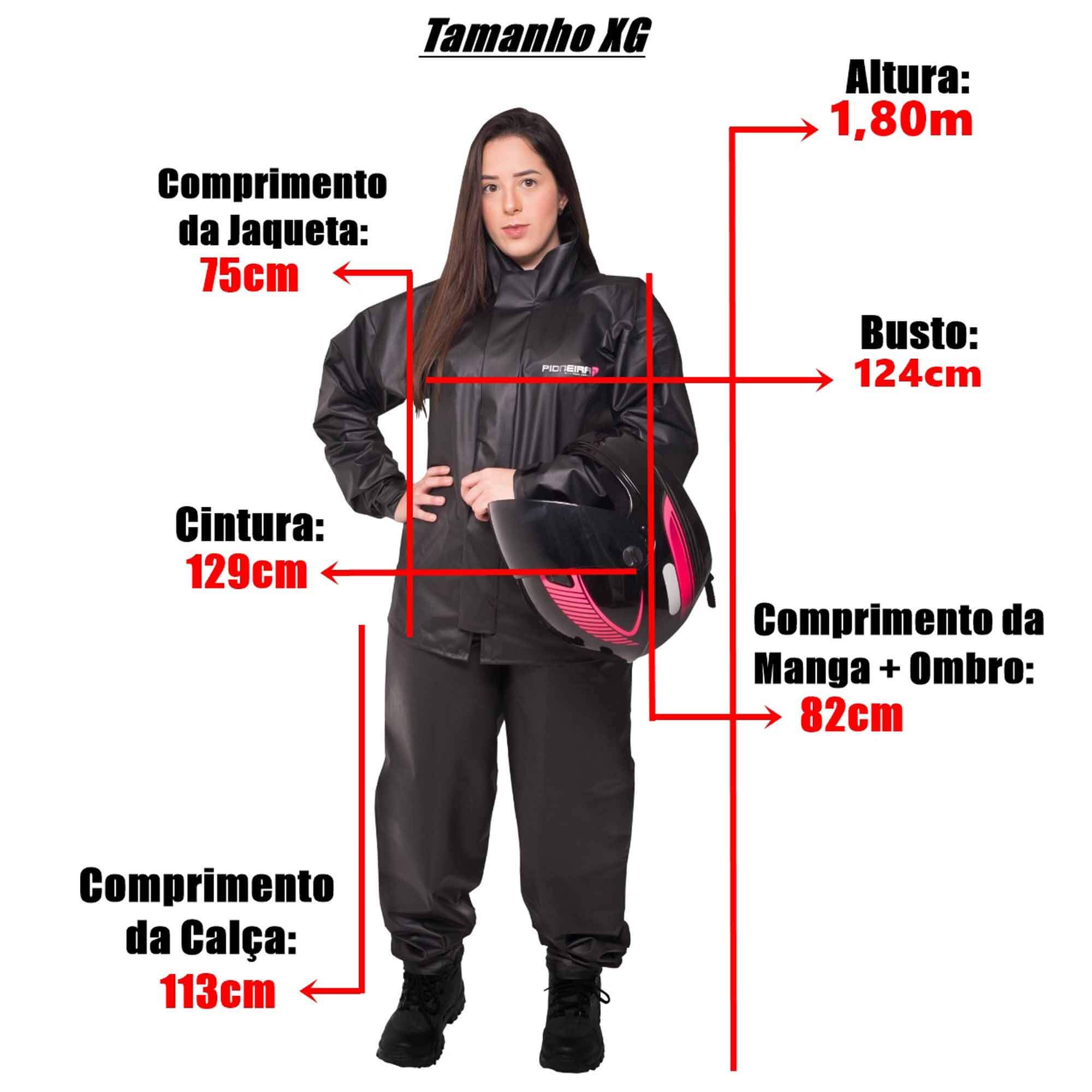Conjunto Capa de Chuva Pvc Combate c/ Capuz Feminina Preto Refletiva Resistente Zíper Pioneira Tamanho:XG