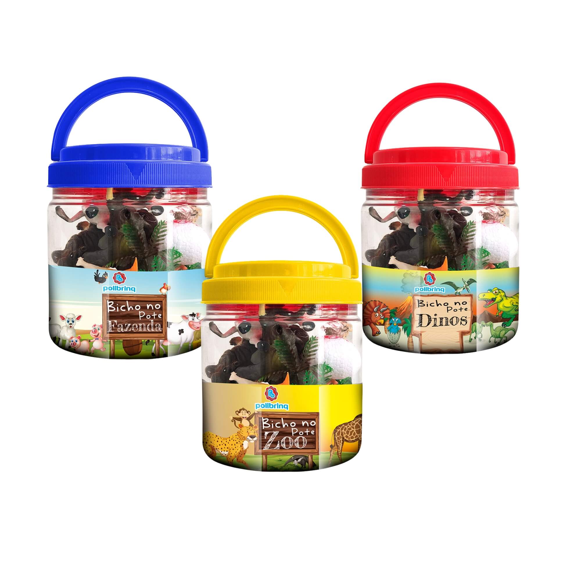 Brinquedo Balde Animais Sortidos Dinossauro/Fazenda/Zoológico Miniaturas No Pote  Polibrinq 2319