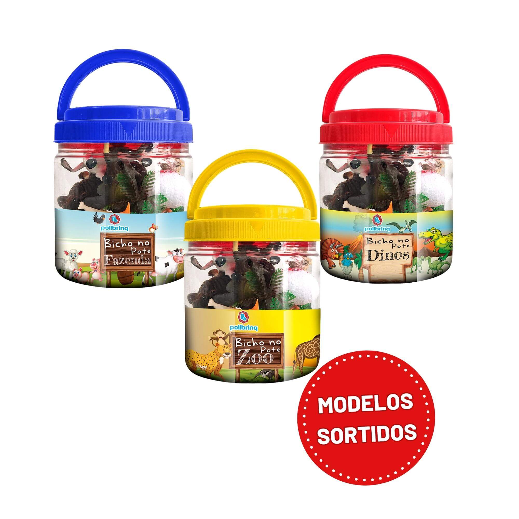Brinquedo Balde Animais Sortidos Dinossauro/Fazenda/Zoológico Miniaturas No Pote  Polibrinq 2319
