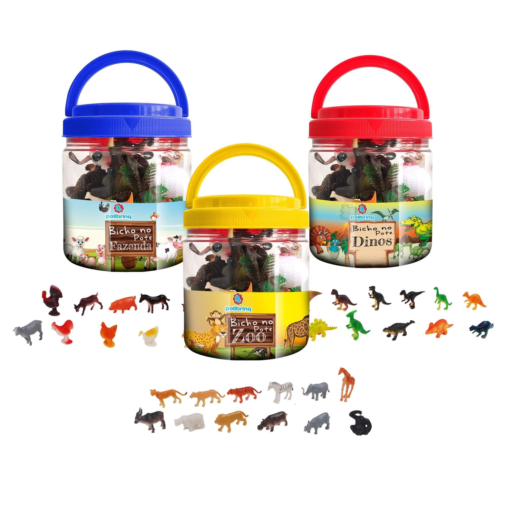 Brinquedo Balde Animais Sortidos Dinossauro/Fazenda/Zoológico Miniaturas No Pote  Polibrinq 2319