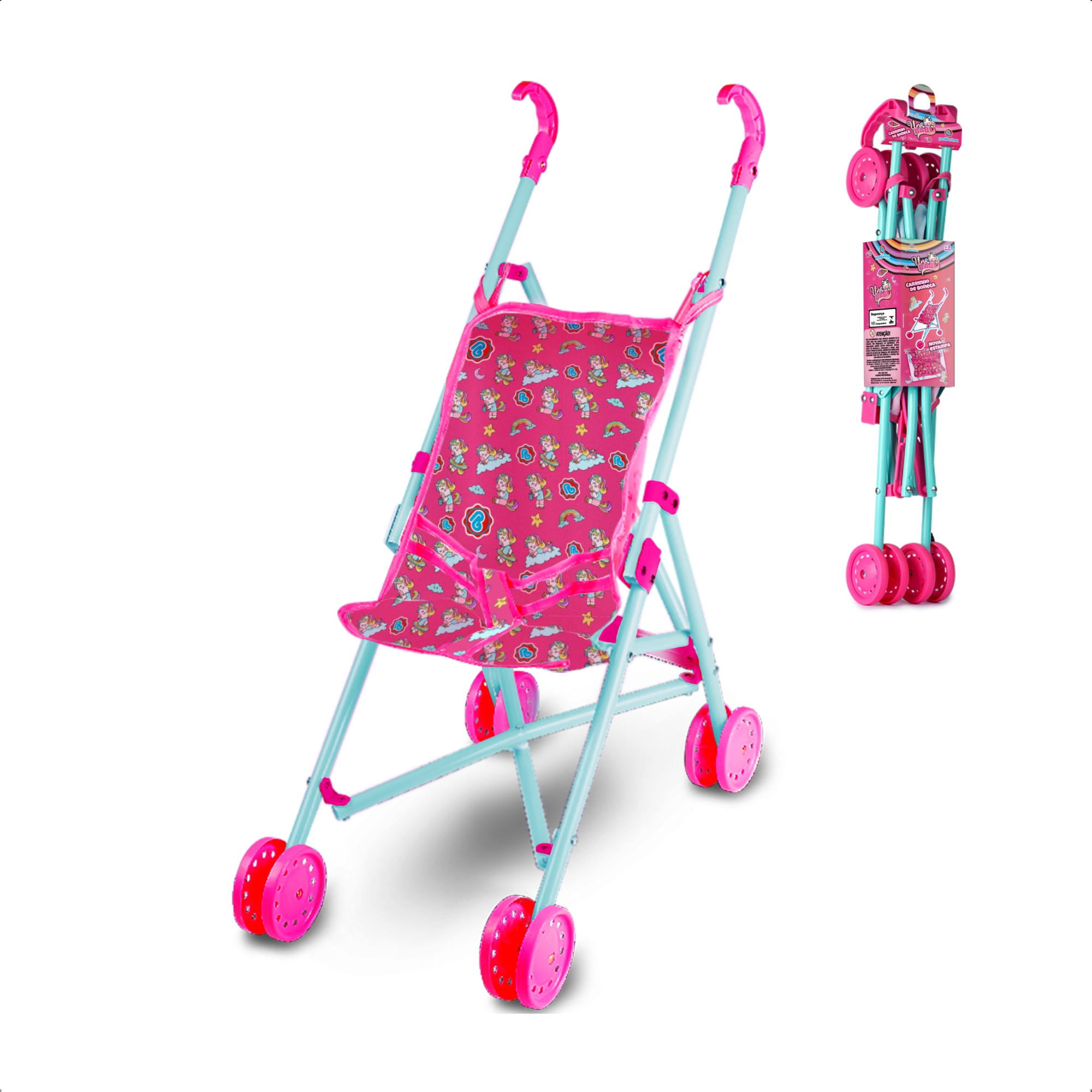 Brinquedo Carrinho Boneca Dobrável Tam. M Rosa/Azul Cinto Bonecas Unitário Sortido Polibrinq-7026