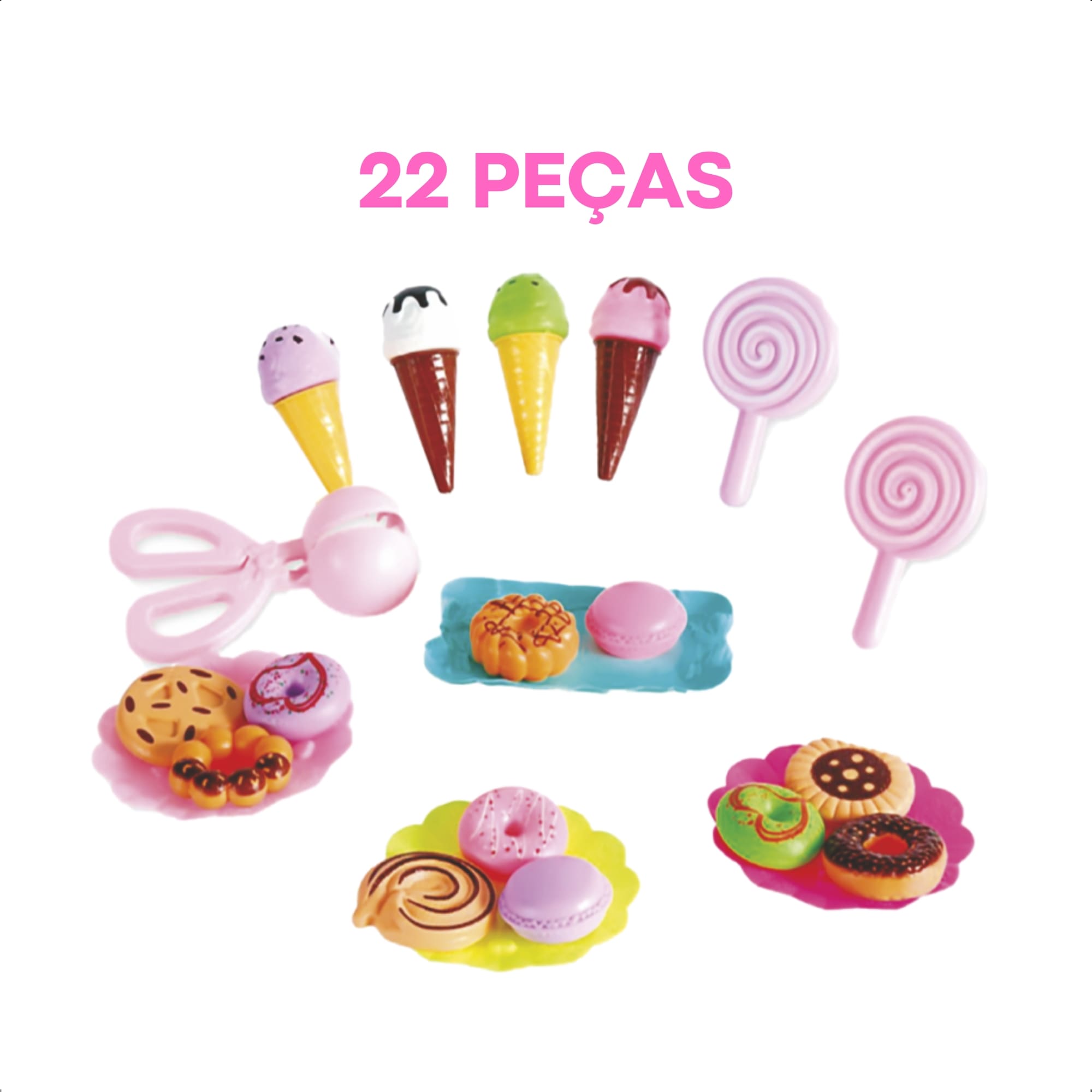 Brinquedo Infantil Kit Doces Boutique 22 Peças Comidinhas Pratinhos Chá de Boneca-Fenix BTC-849