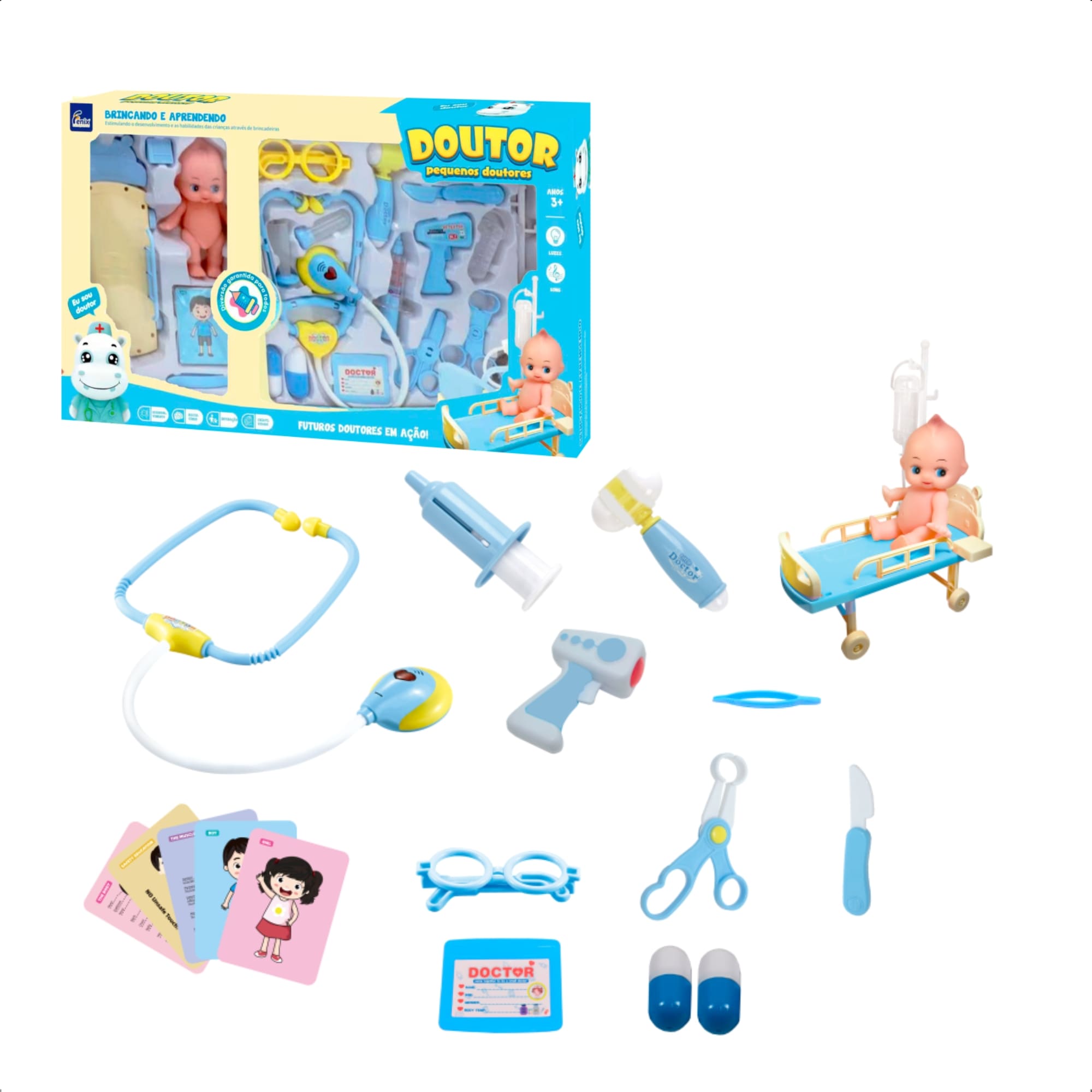 Brinquedo Infantil Kit Médico Azul com Mini Paciente Estetoscópio Faz de Conta Fenix - DRB-836A