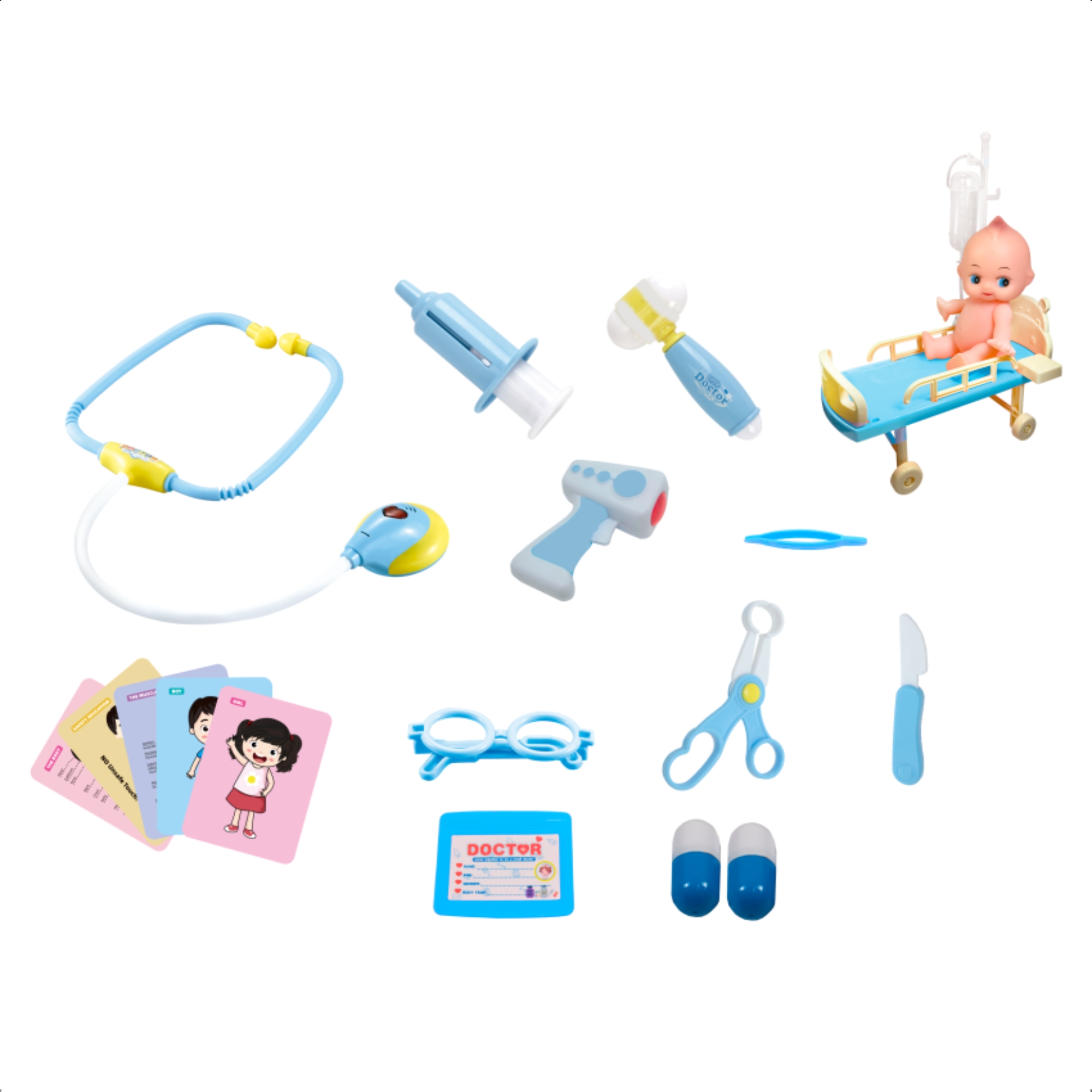 Brinquedo Infantil Kit Médico Azul com Mini Paciente Estetoscópio Faz de Conta Fenix - DRB-836A