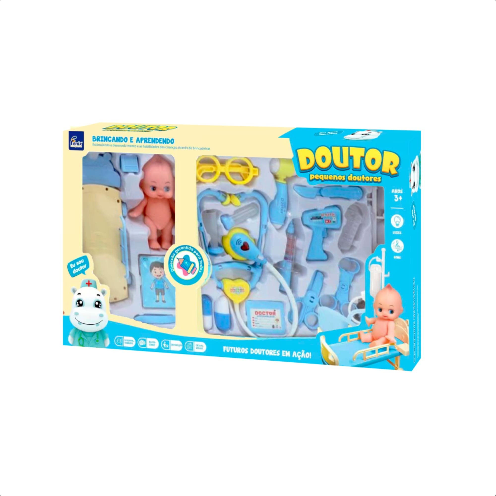 Brinquedo Infantil Kit Médico Azul com Mini Paciente Estetoscópio Faz de Conta Fenix - DRB-836A