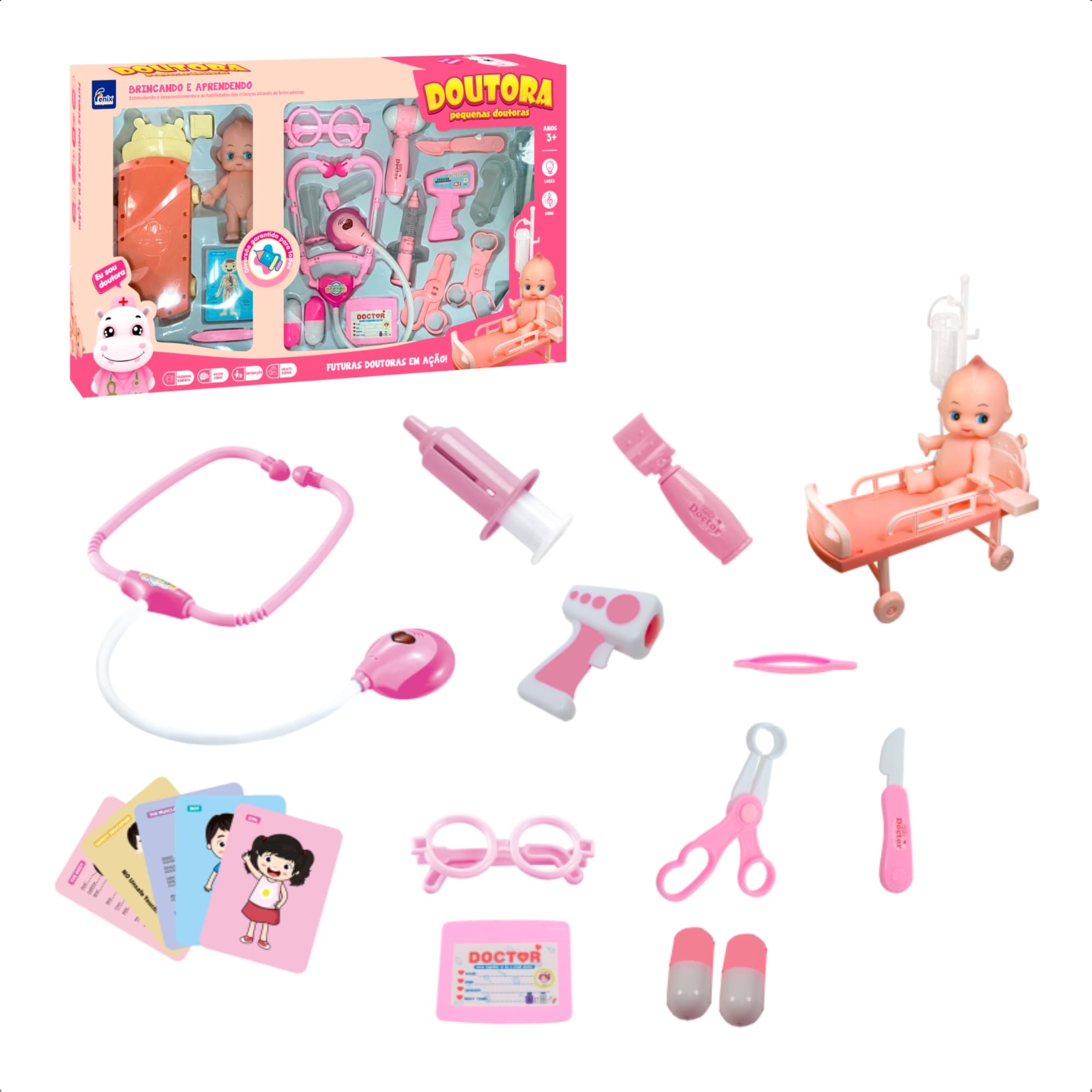 Brinquedo Infantil Kit Médica Rosa c/ Mini Paciente Bebê Estetoscópio Faz de Conta Fenix - DRB-837R