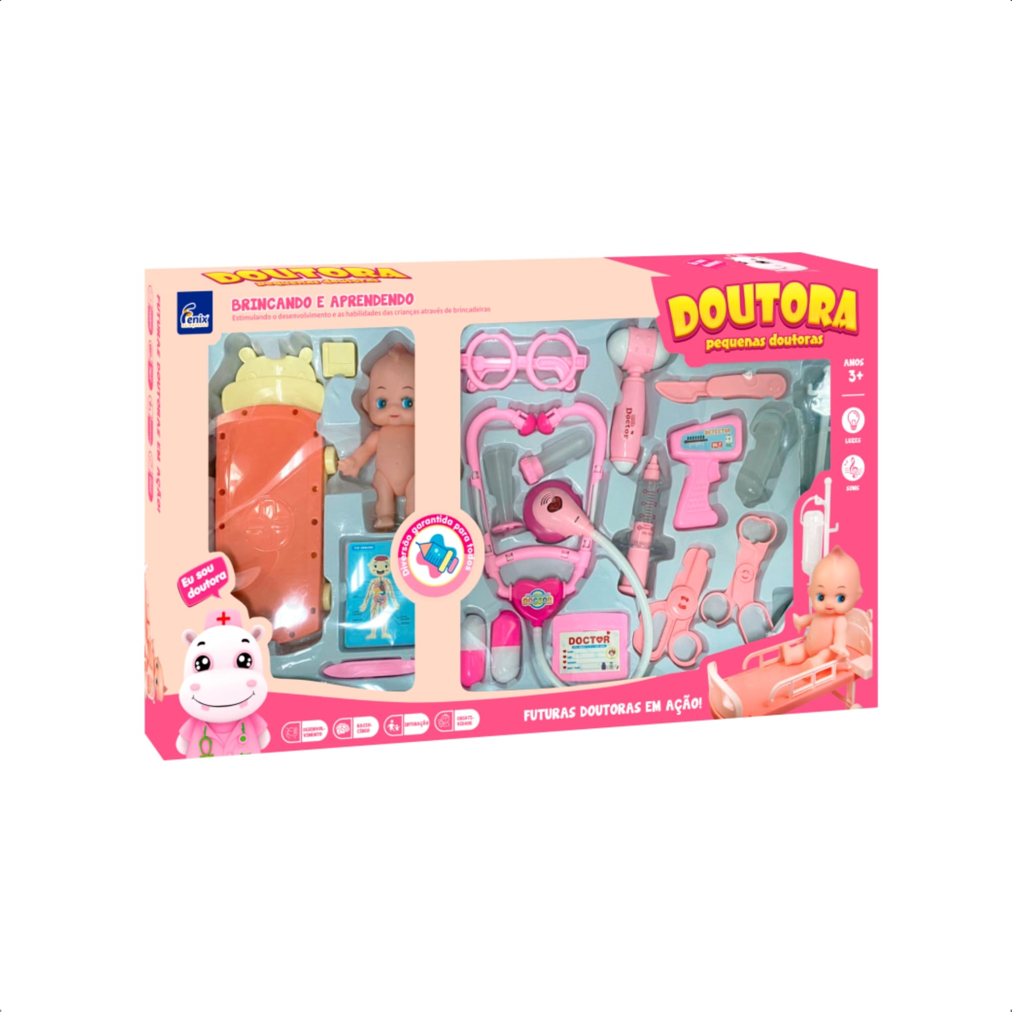 Brinquedo Infantil Kit Médica Rosa c/ Mini Paciente Bebê Estetoscópio Faz de Conta Fenix - DRB-837R