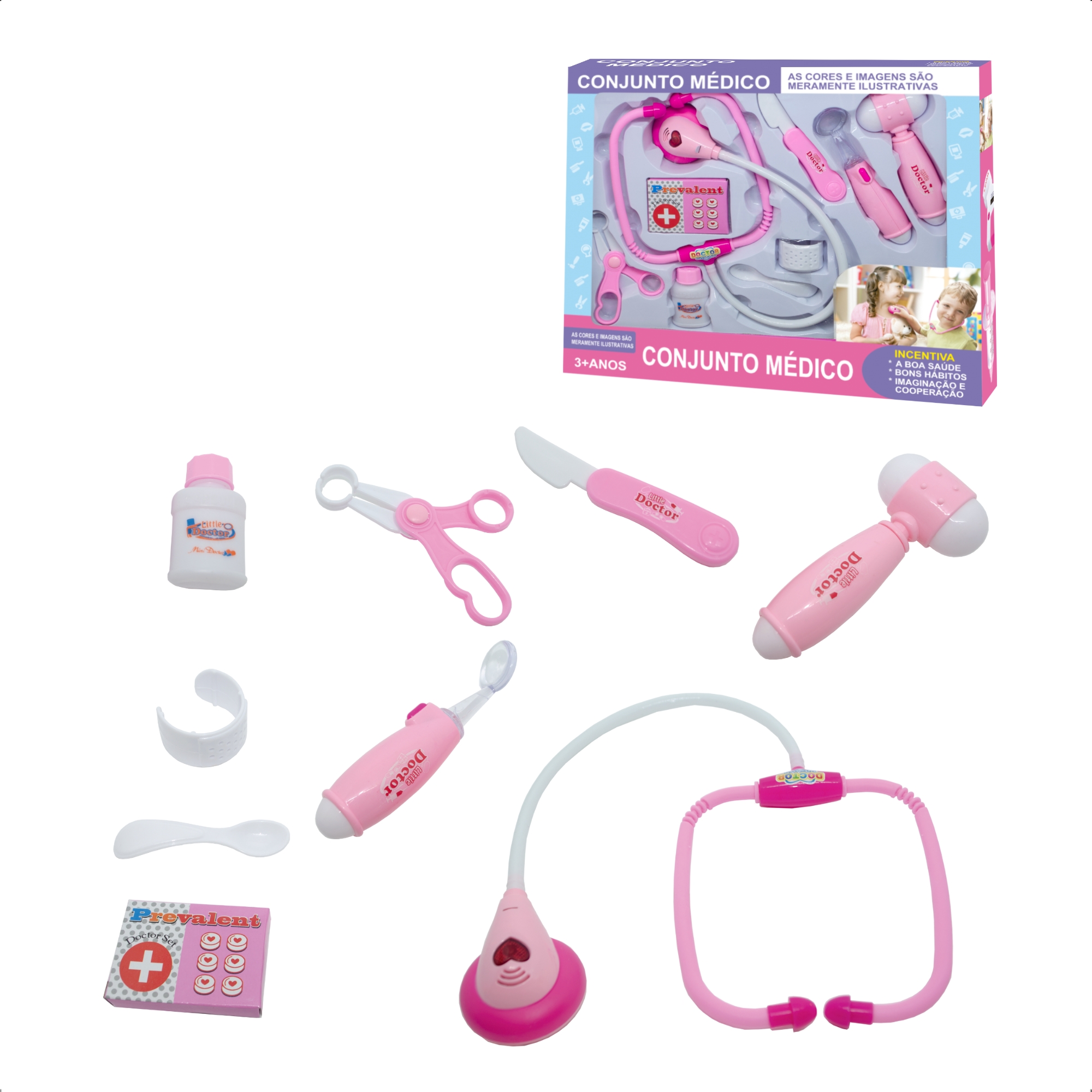 Brinquedo Kit Médico Rosa 9 Peças Interativo com Luz Infantil Faz de Conta-Fenix XMK-844R